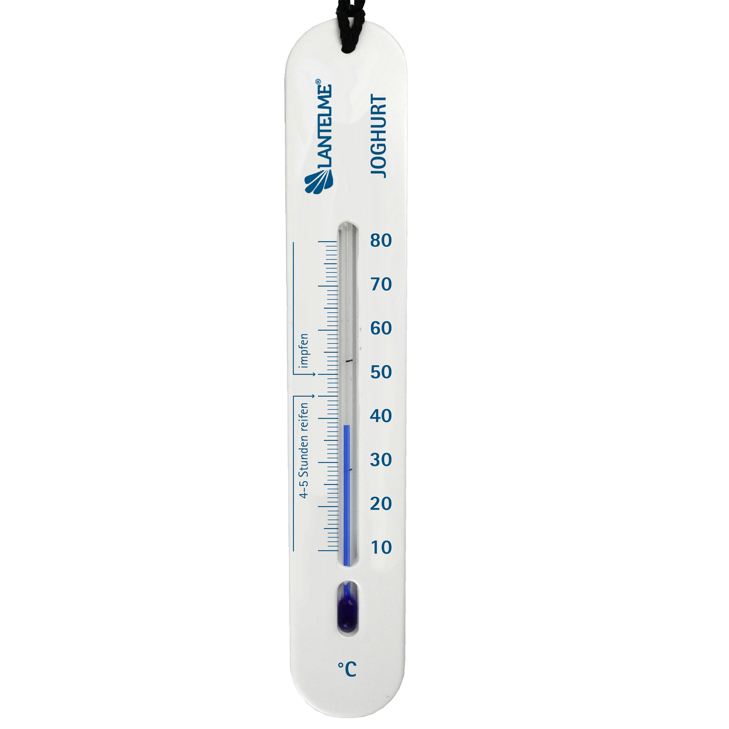 Ein weißes Thermometer mit blauer Flüssigkeit, mit dem Text 'JOGHURT' und Temperaturmarkierungen.