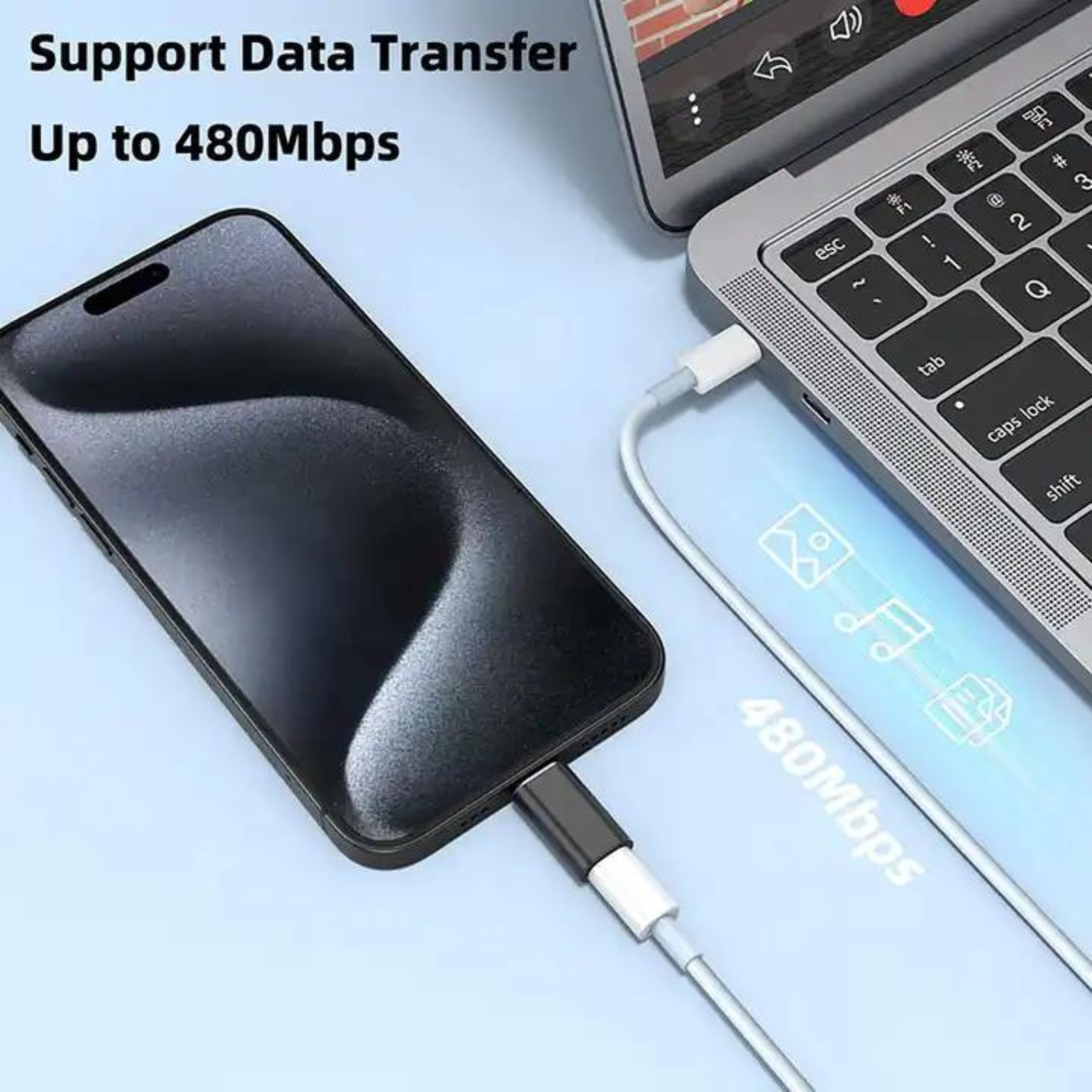 Ein Telefon ist mit einem Laptop mit einem weißen USB-C-Kabel verbunden; Text: 'Support Data Transfer'.