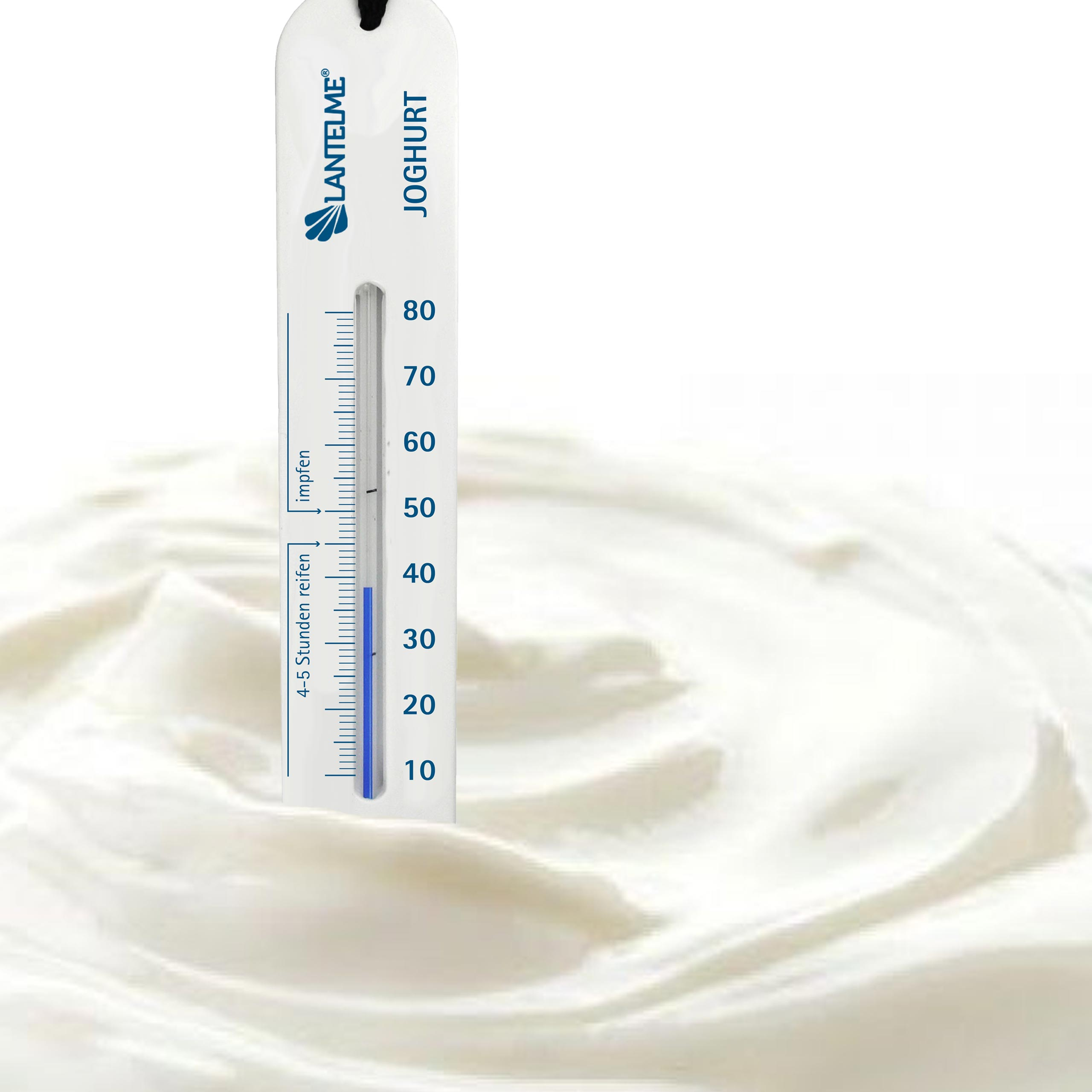 Thermometer mit weißem Hintergrund. Das Thermometer zeigt die Temperatur an, und der Text lautet "Joghurt".