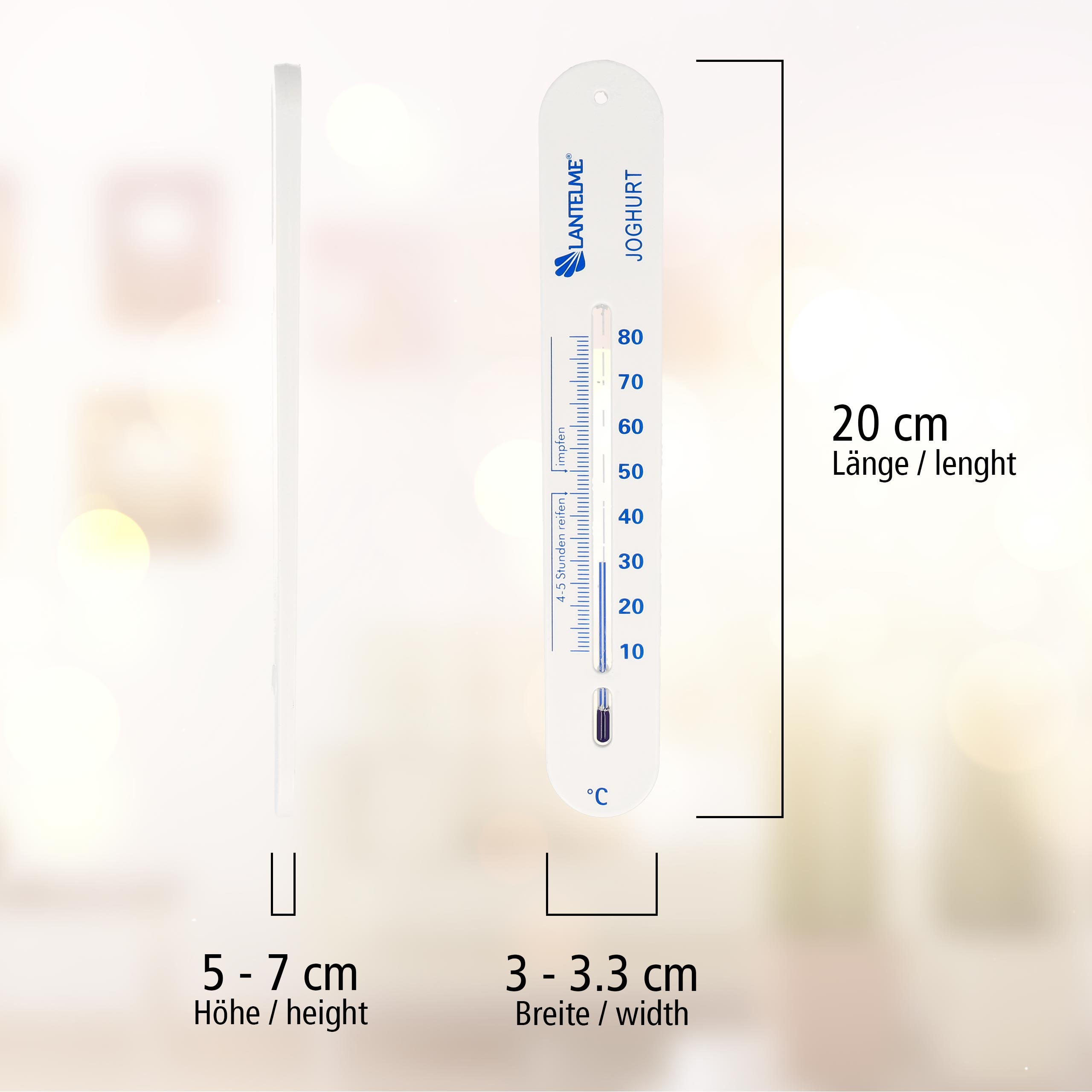 Weißes Thermometer mit Joghurt-Skala und Messungen.