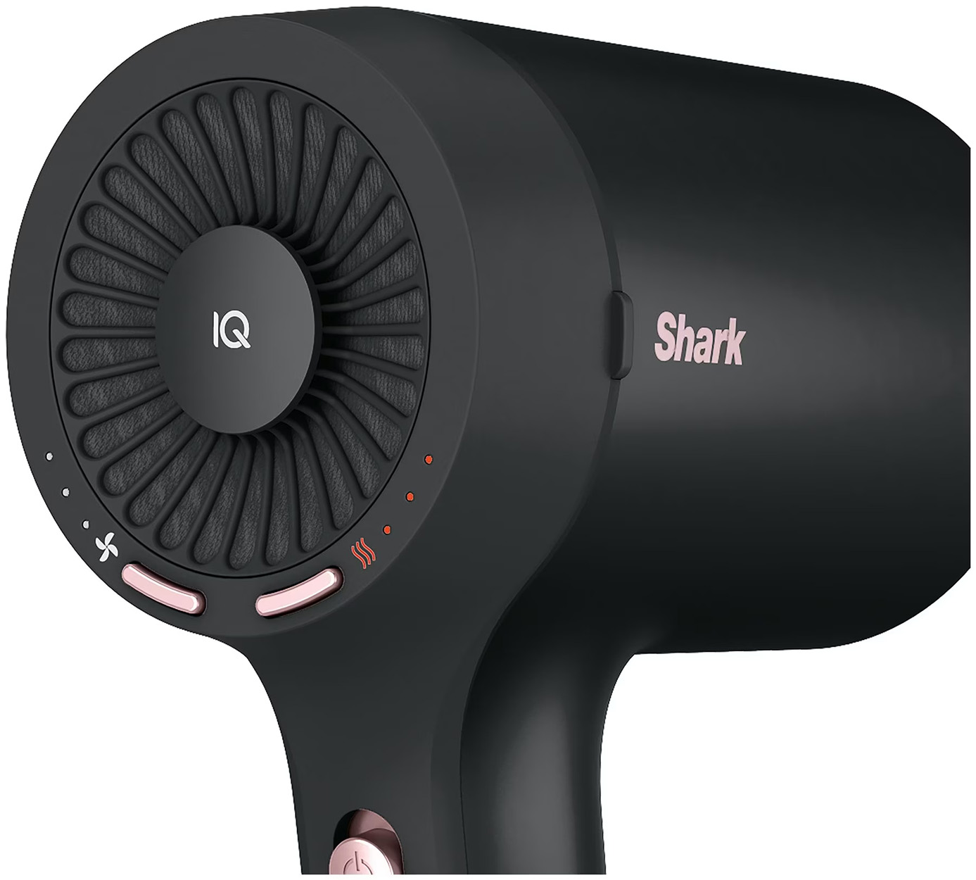 Ein schwarzer Shark Haartrockner, Nahaufnahme der Vorderseite, mit Einstellungen und den Logos 'IQ' und 'Shark'.