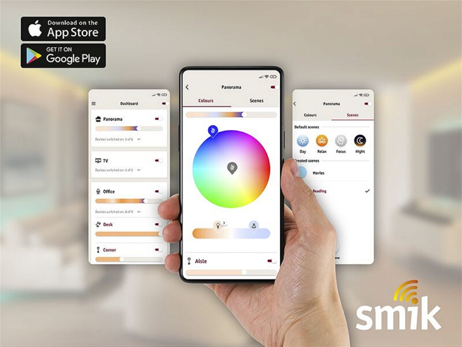 Ręka trzymająca smartfon wyświetlający interfejs aplikacji smart home z opcjami sterowania.