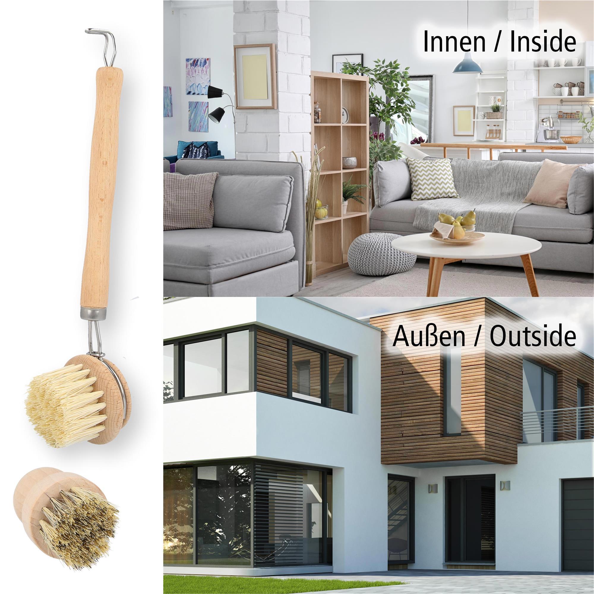 Eine Bürste mit Holzgriff und Bürstenkopf. Innen- und Außenszenen: Wohnzimmer und ein Haus außen.