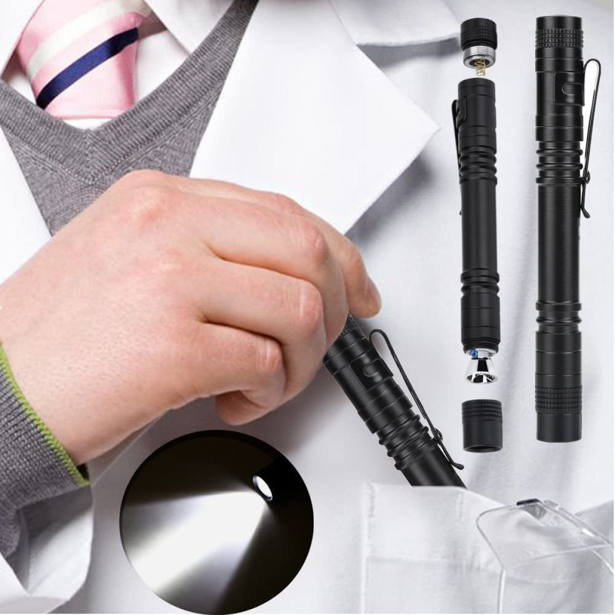 Ein Arzt mit Stift und Taschenlampe, mit Nahaufnahme des Lichtstrahls der Taschenlampe.