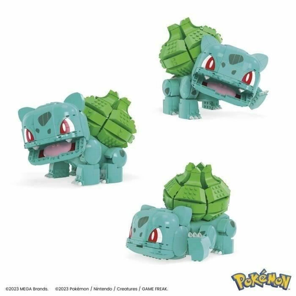 Pokazano trzy plastikowe zabawki postaci Pokemon Bulbasaur.