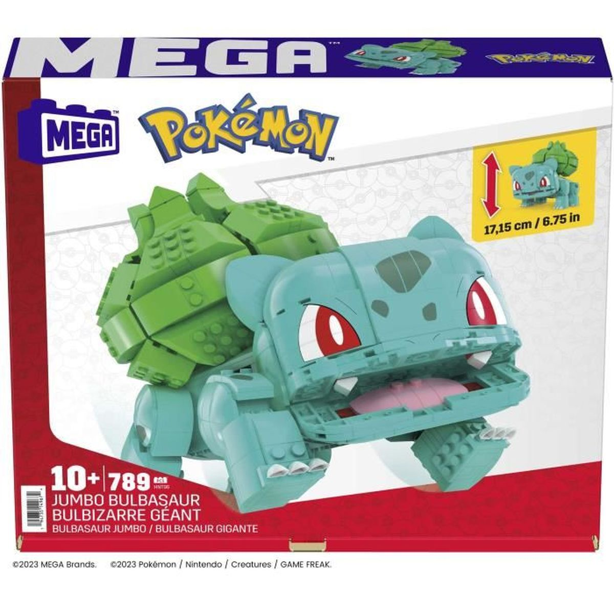 Zabawka konstrukcyjna Pokémon Bulbasaur. Kolory zielony i niebieski. Pudełko z logo.
