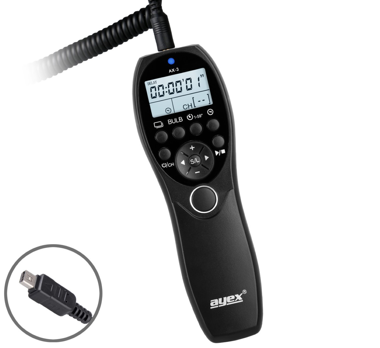 Schwarze Kamera-Fernbedienung mit Display und Tasten sowie einem kleinen USB-Kabel.