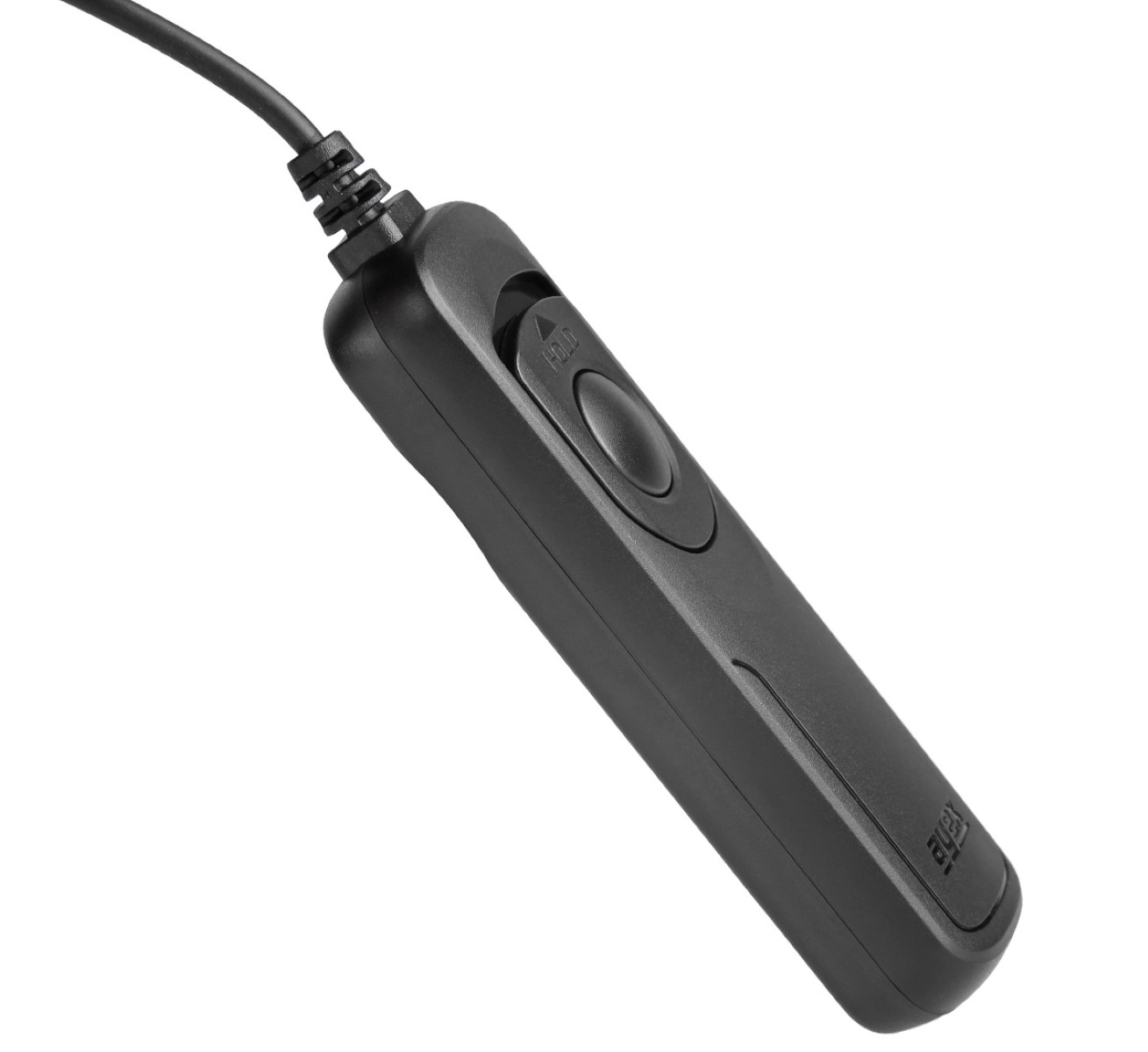 Schwarze Kamera-Fernbedienung mit einem einzigen Knopf und einem Kabel.