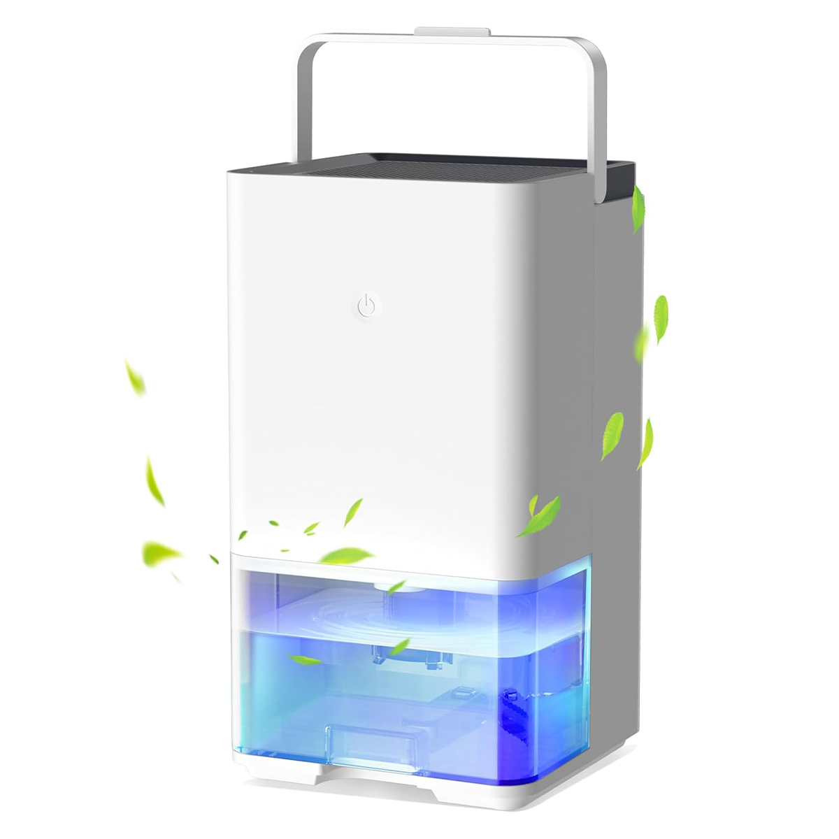 Biały nawilżacz powietrza z uchwytem i niebieskim zbiornikiem na wodę. Zielone liście wokół urządzenia.