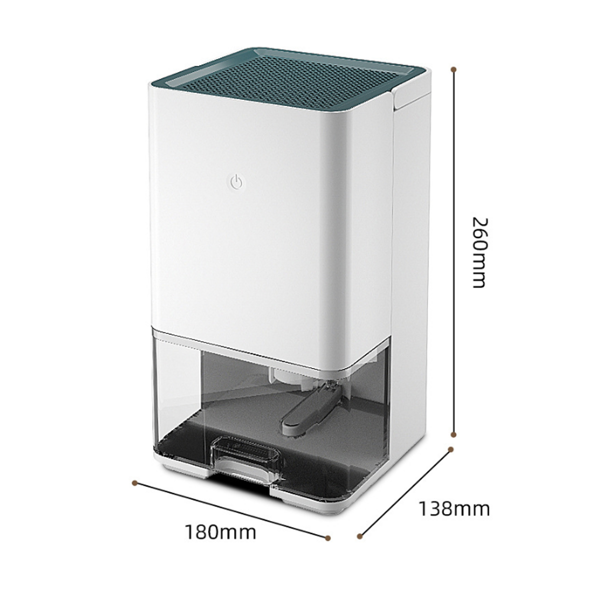 Biały i turkusowy osuszacz z wymiarami. Wymiary: 180 mm x 138 mm x 260 mm. Urządzenie ma uchwyt.