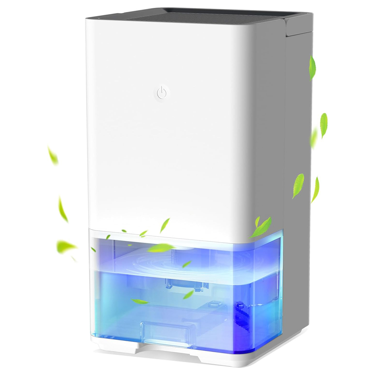 Biały osuszacz z niebieskim zbiornikiem na wodę i zielonymi liśćmi.