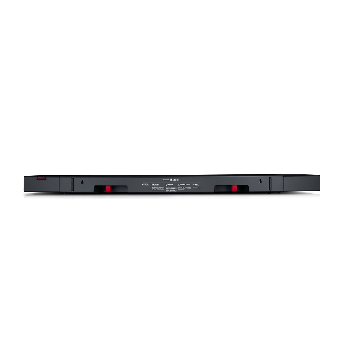 Eine schwarze Soundbar auf weißem Hintergrund. Die Rückseite der Soundbar ist sichtbar.