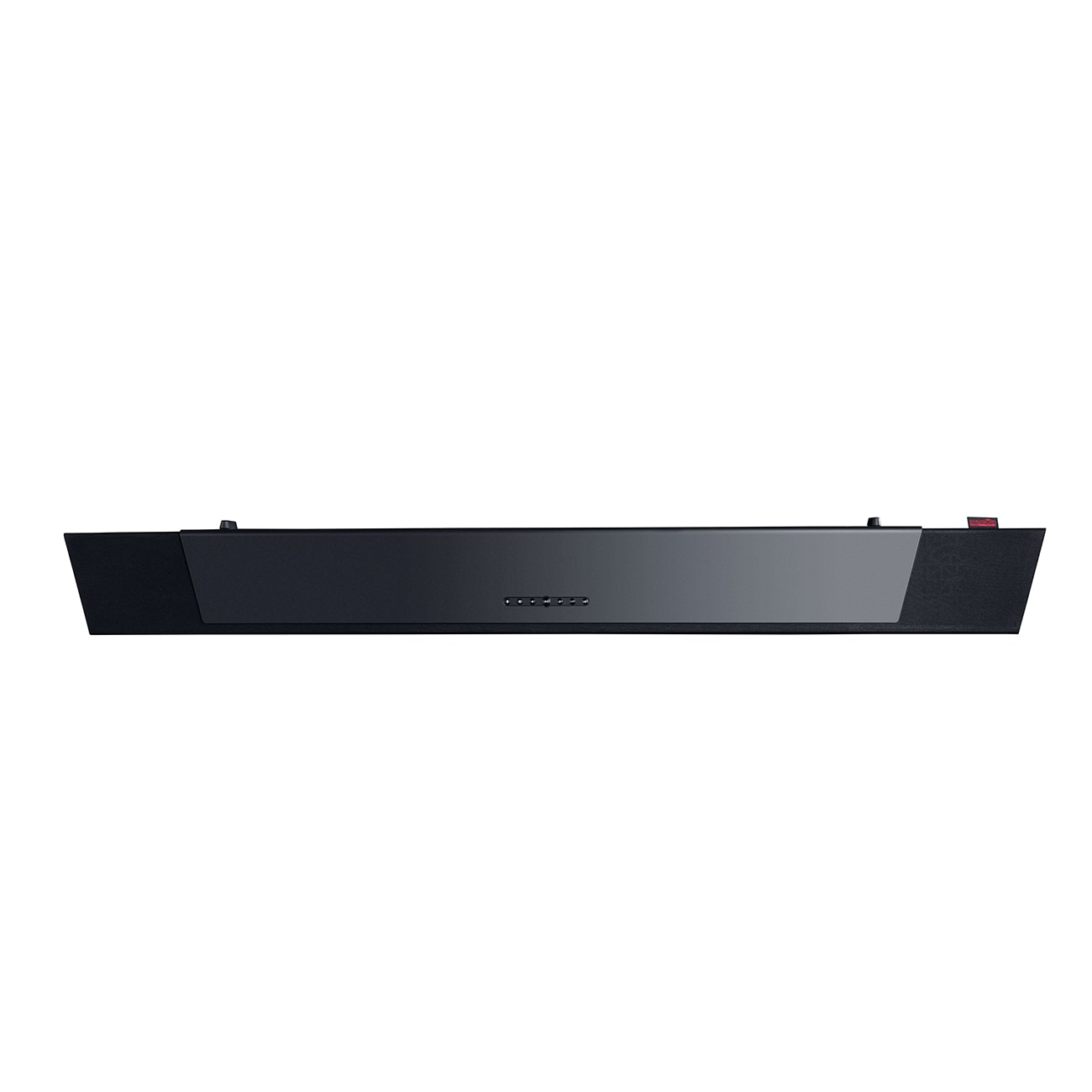 Schwarze Soundbar, Draufsicht, mit schlankem Design. Es hat eine Reihe von Lichtern auf der Vorderseite.