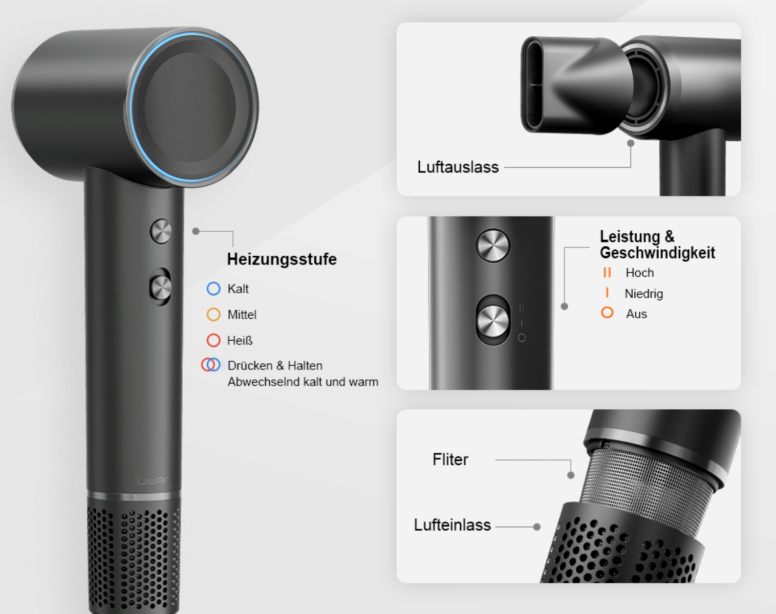 Czarna suszarka do włosów z przyciskami sterowania, szczegółami wlotu/wylotu powietrza i wskaźnikami poziomu grzania.