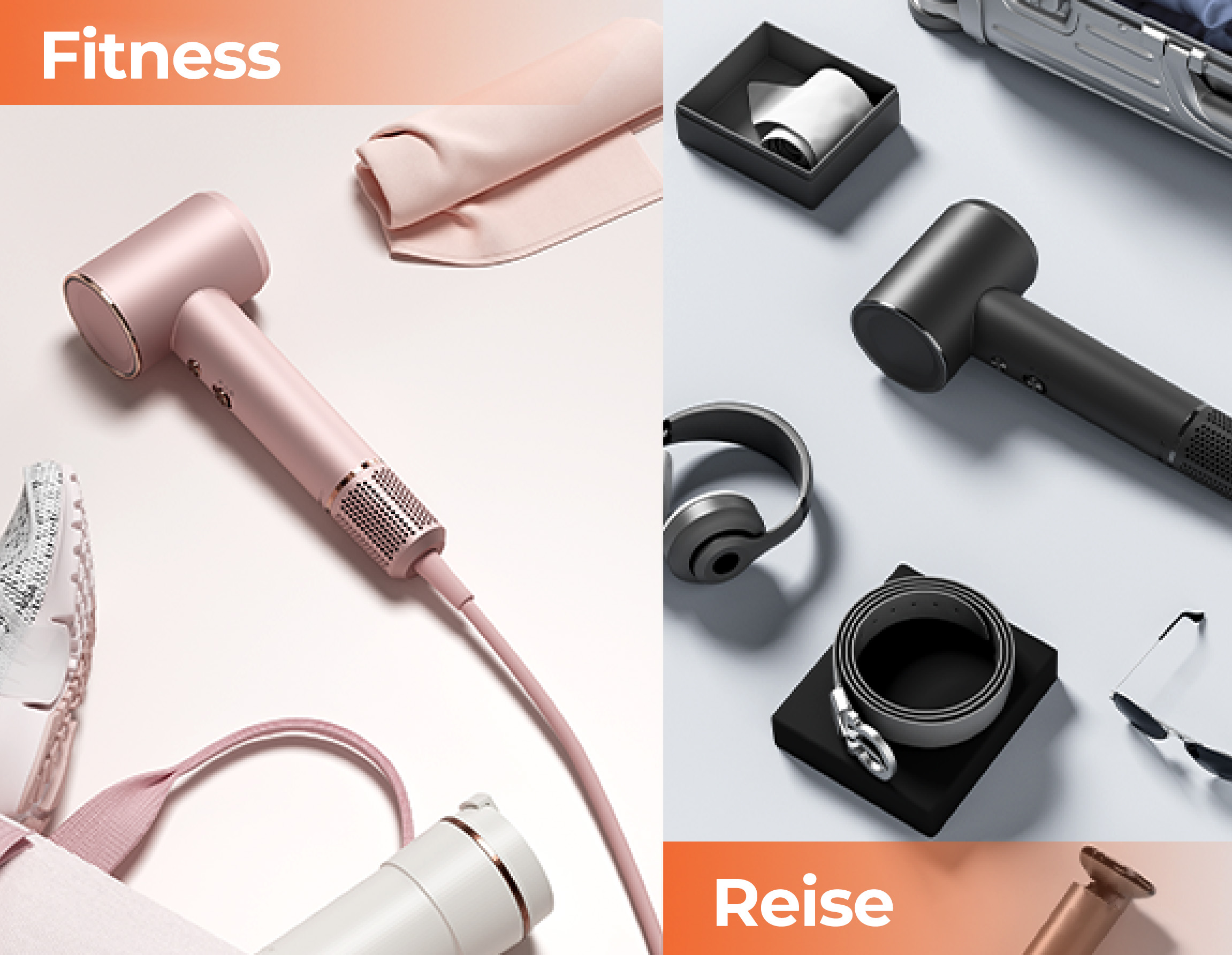 Przedmioty fitness i podróży: suszarka, słuchawki, pasek i okulary przeciwsłoneczne.