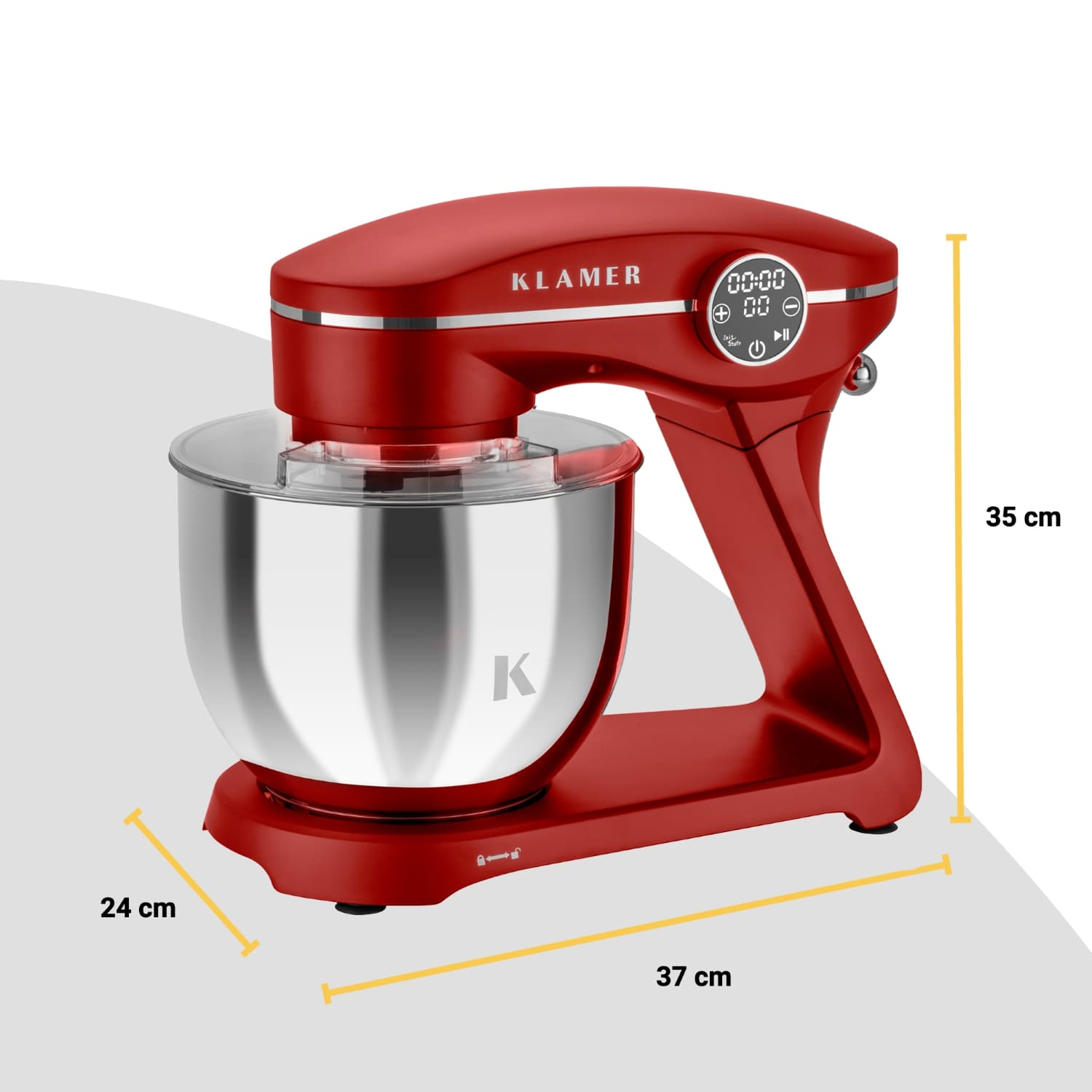 Ein roter Küchenmixer mit den Maßen: 37 cm lang, 24 cm breit und 35 cm hoch.
