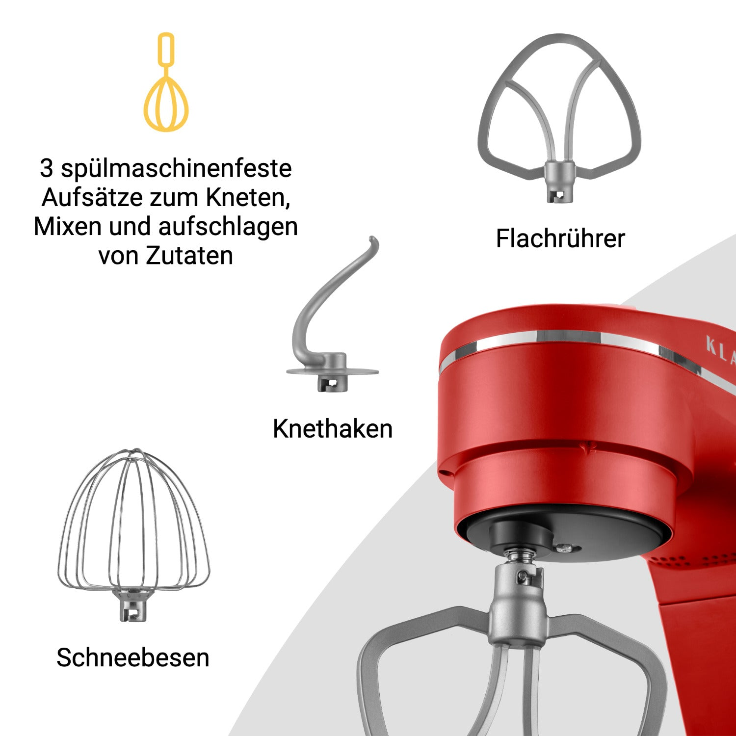 Ein roter Küchenmixer mit drei verschiedenen Aufsätzen: Schneebesen, Flachrührer und Knethaken.