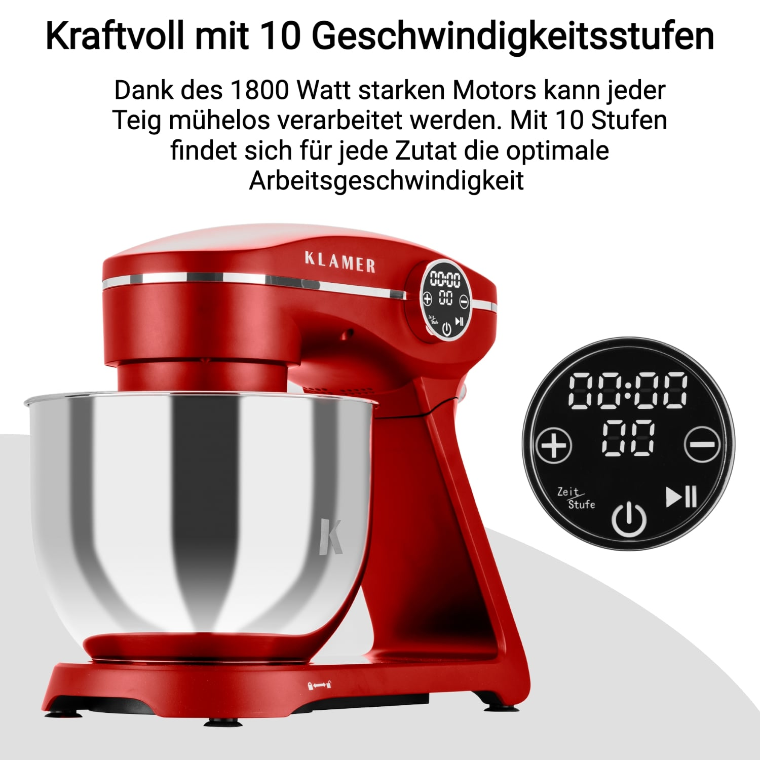 Roter Standmixer mit Digitalanzeige und Edelstahlschüssel.