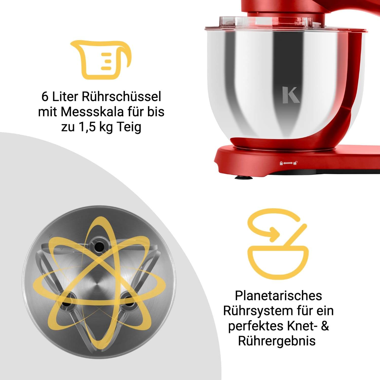 Roter Küchen-Standmixer mit Text und Grafiken. Es ist auf weißem Hintergrund.