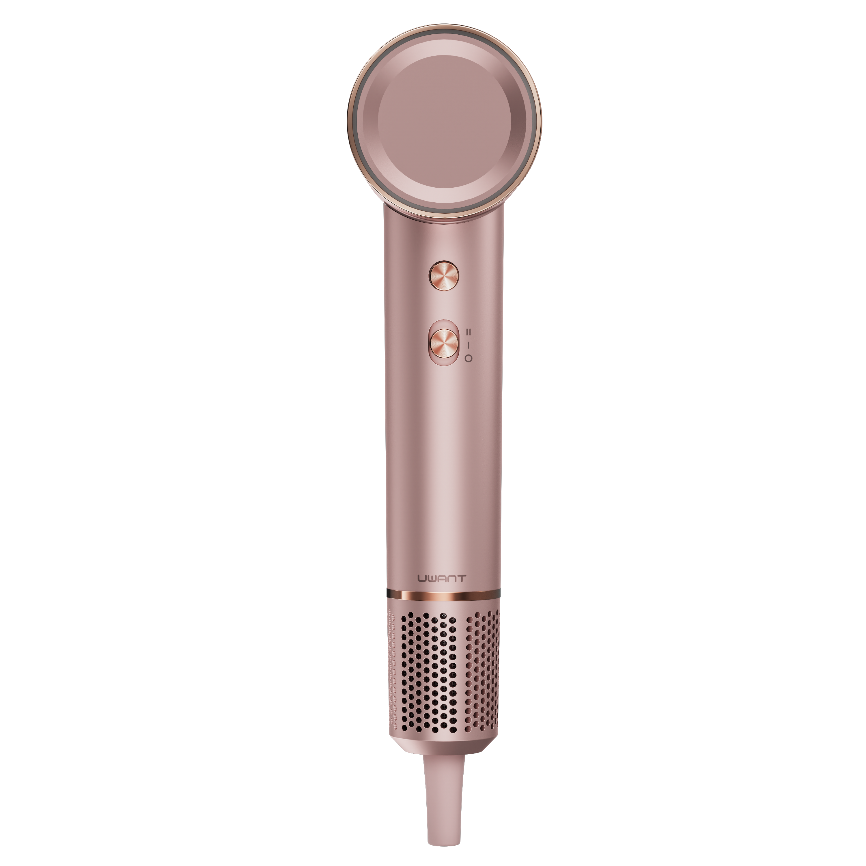 Suszarka do włosów w kolorze różowego złota na czarnym tle. Ma okrągłą głowicę i cylindryczny korpus.