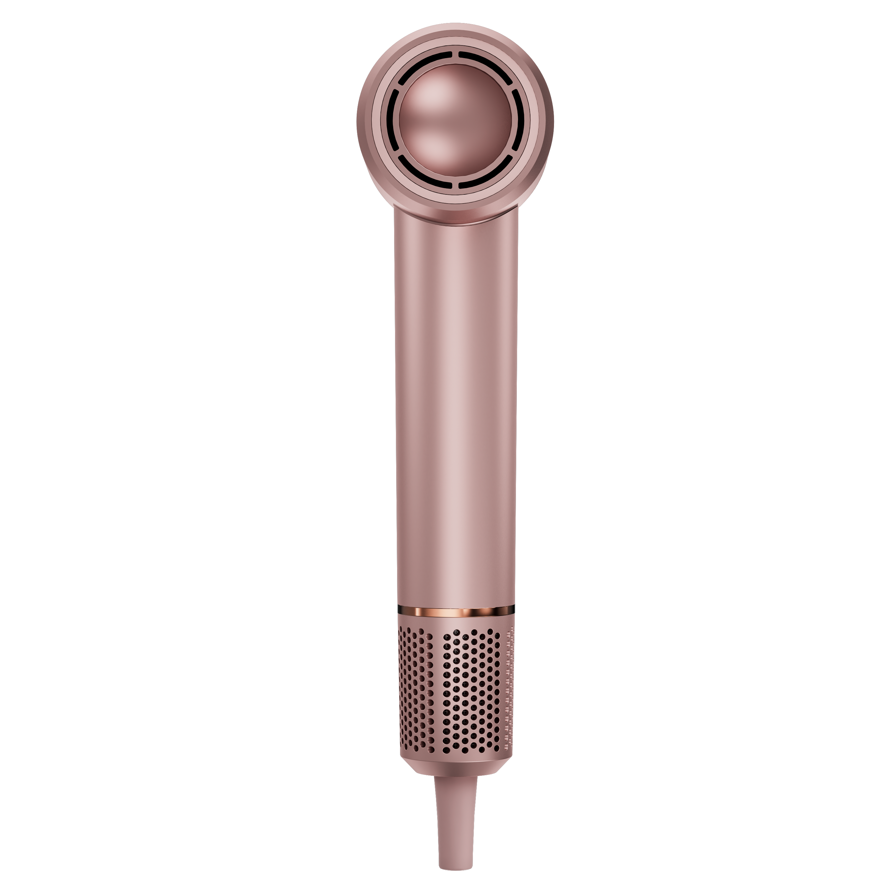 Suszarka do włosów w kolorze różowego złota, cylindryczny kształt z okrągłą dyszą. Ma perforowaną dolną część.