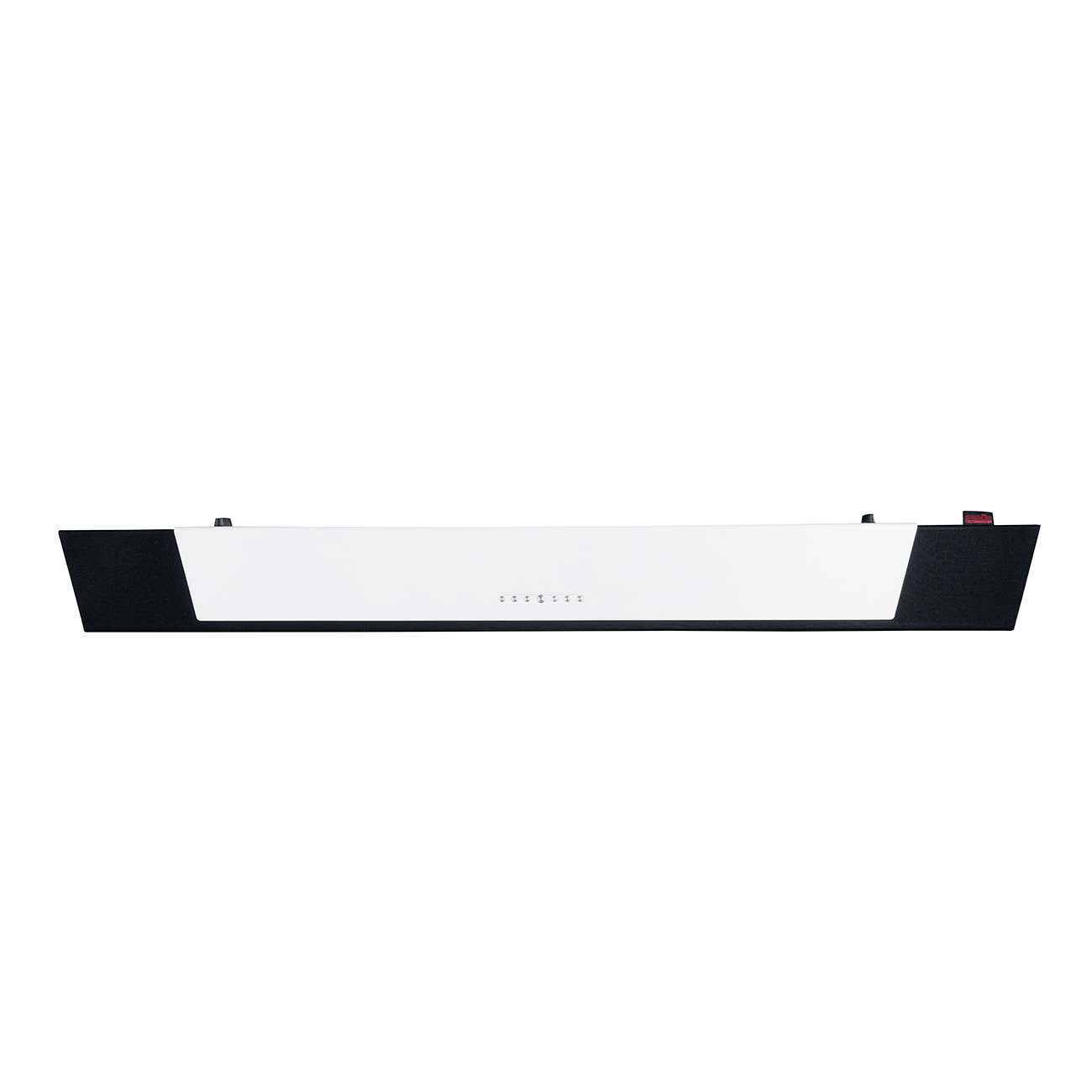 Eine lange, weiße Soundbar mit schwarzen Enden, isoliert auf Weiß.