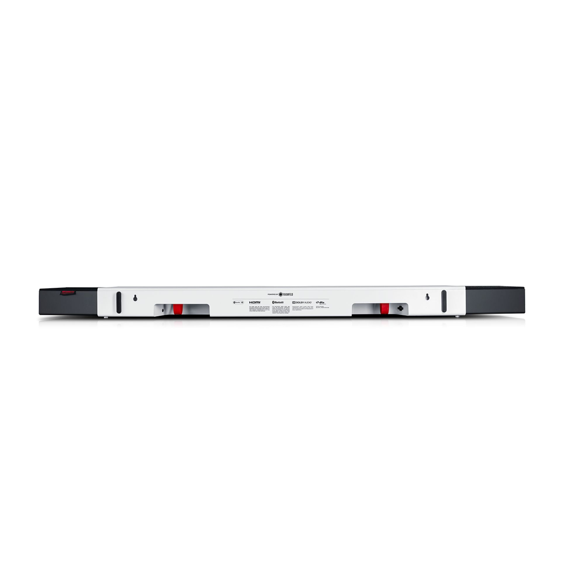Eine schwarze Soundbar hat Anschlüsse auf der Rückseite. Die Soundbar befindet sich auf weißem Hintergrund.