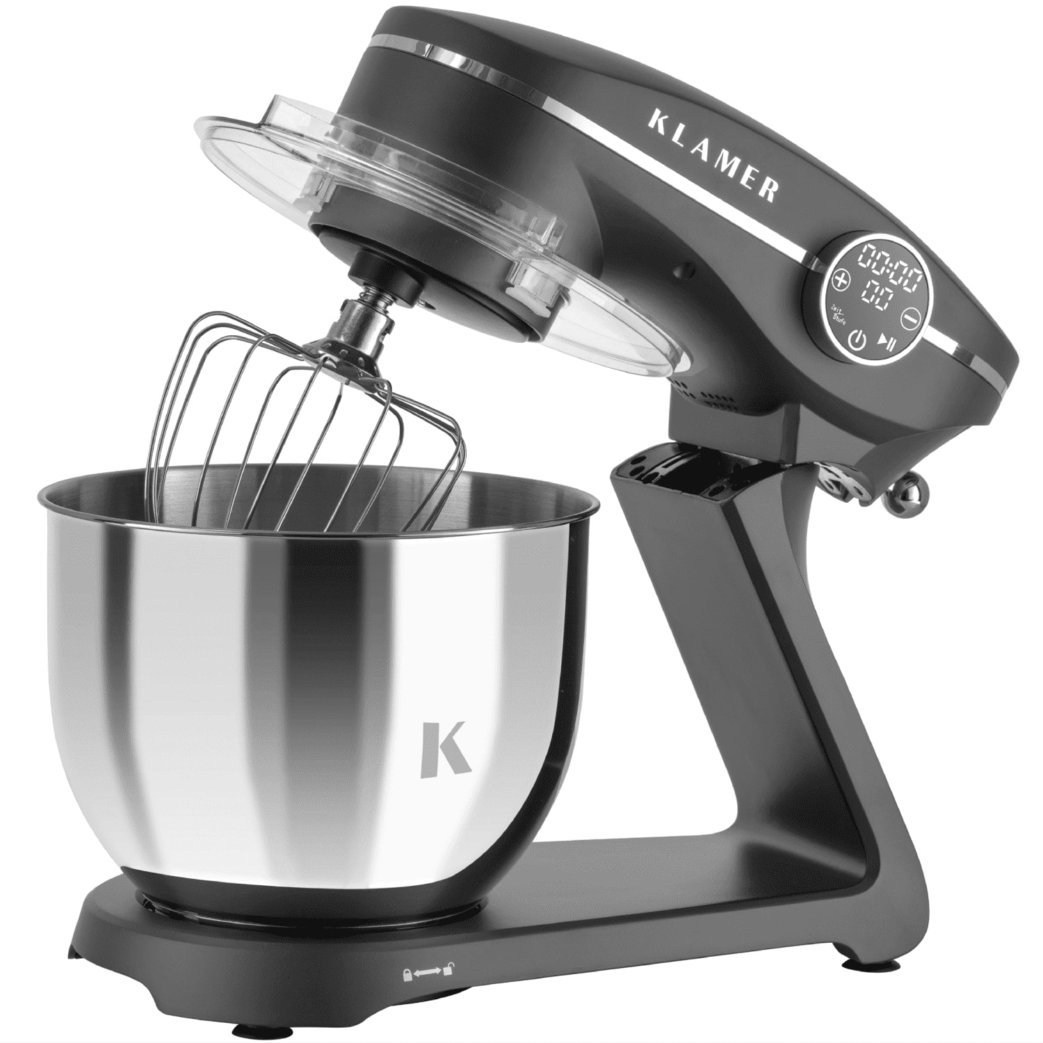 Ein Standmixer mit einer Edelstahlschüssel und einem Schneebesenaufsatz. Es ist dunkelgrau mit transparentem Deckel.