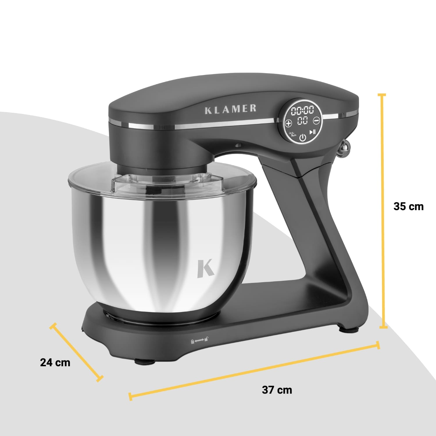 Schwarzer Küchenmixer mit silberner Schüssel, grauem Gehäuse und Abmessungen auf weißem Hintergrund.