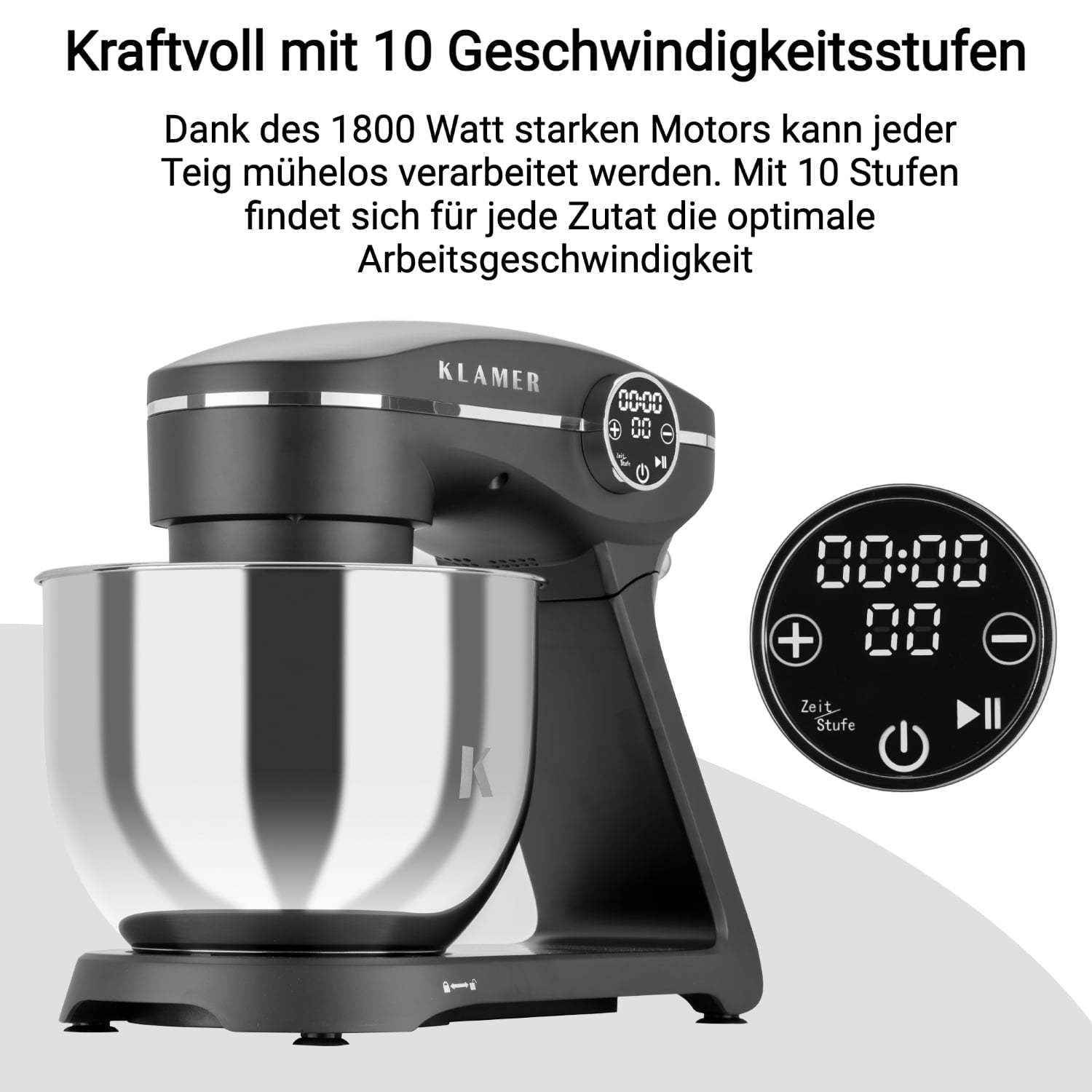 KLAMER Küchenmaschine - Watt) Küchenmaschine Grau (1800 Grau