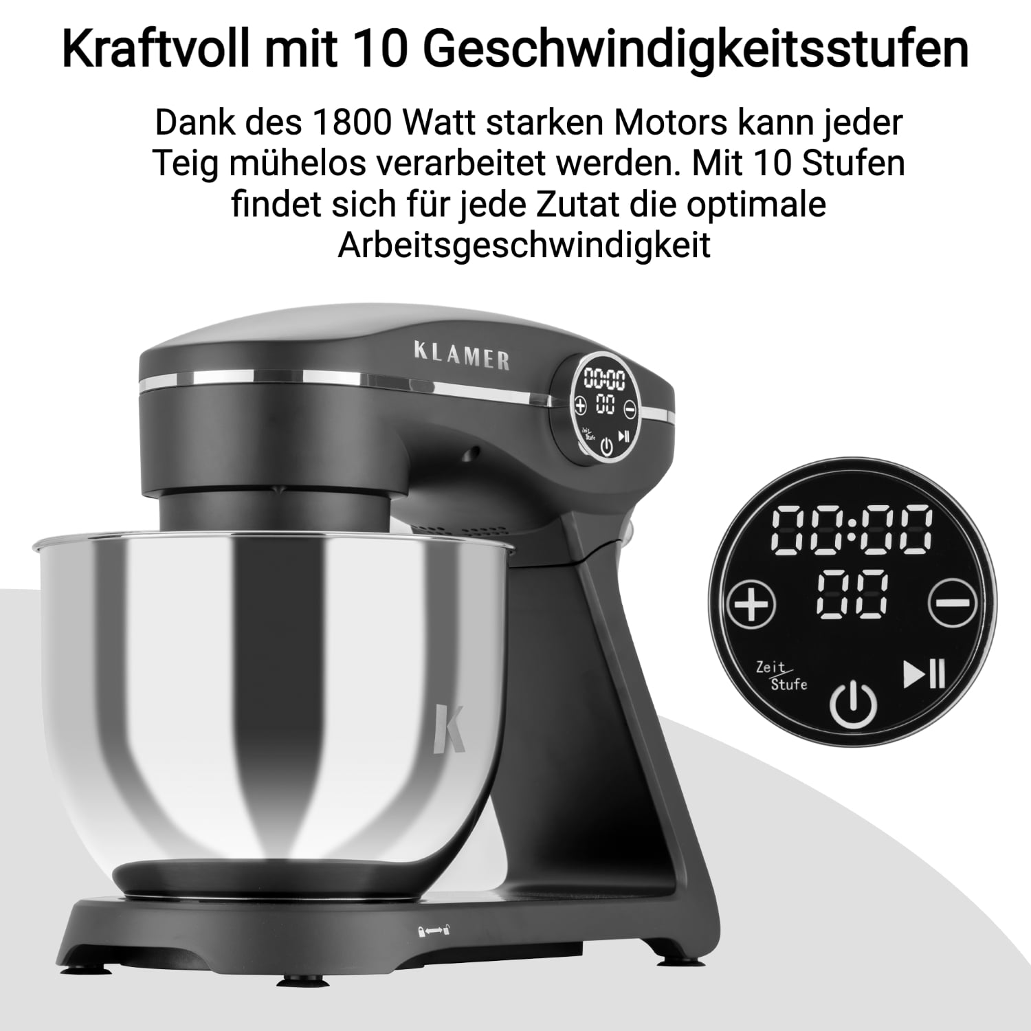 Schwarzer Küchenmixer mit Edelstahlschüssel. Er hat einen digitalen Timer und ein Bedienfeld rechts.