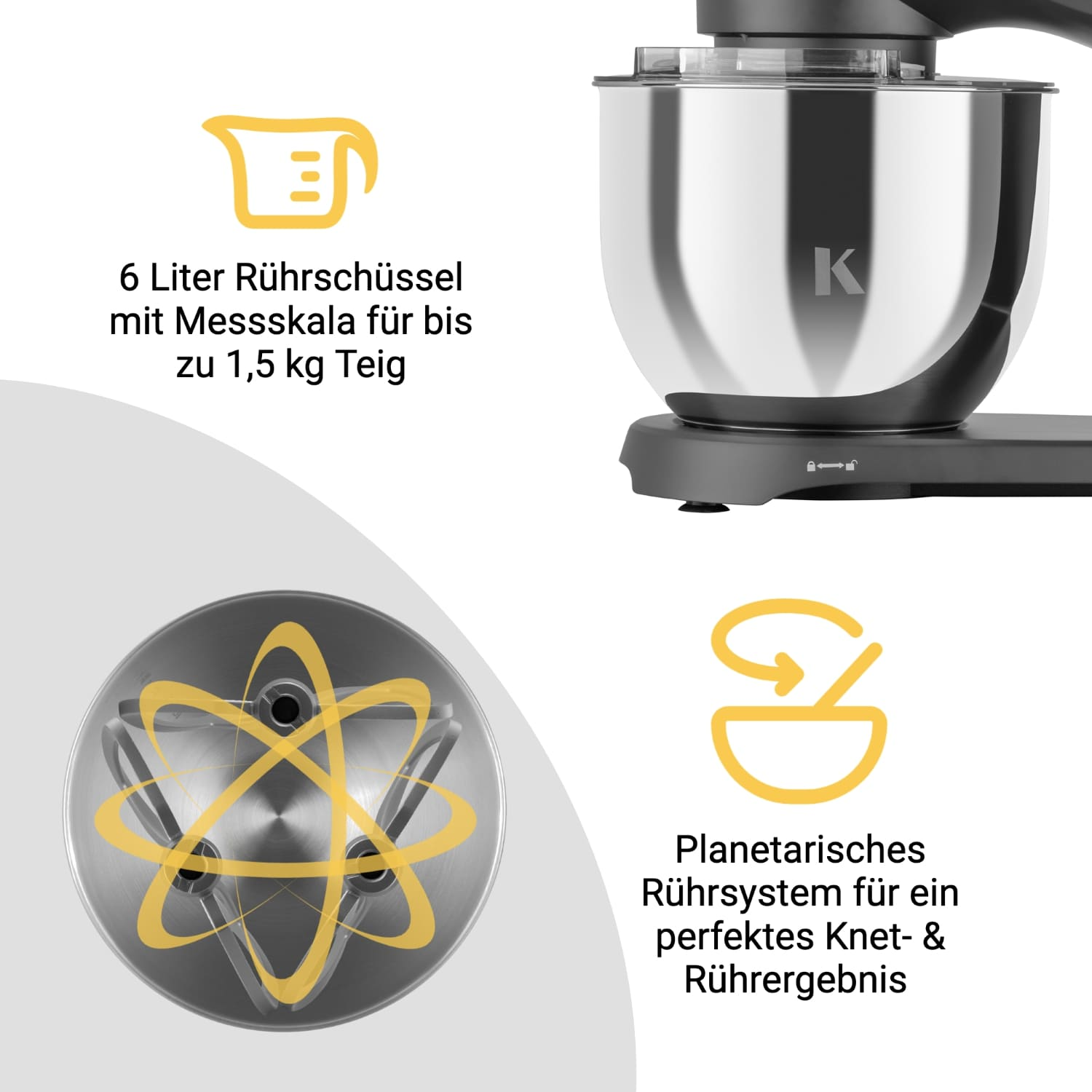 Küchenmixer mit Schüssel und Anmerkungen zu seinen Funktionen.