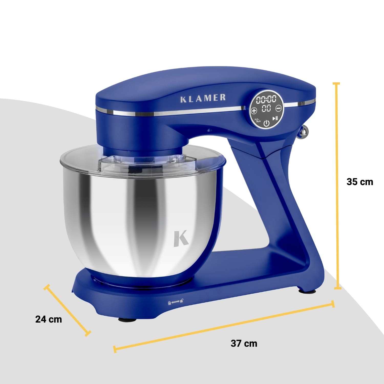 Ein blauer Küchenmixer mit Chromschüssel, Abmessungen sind beschriftet.