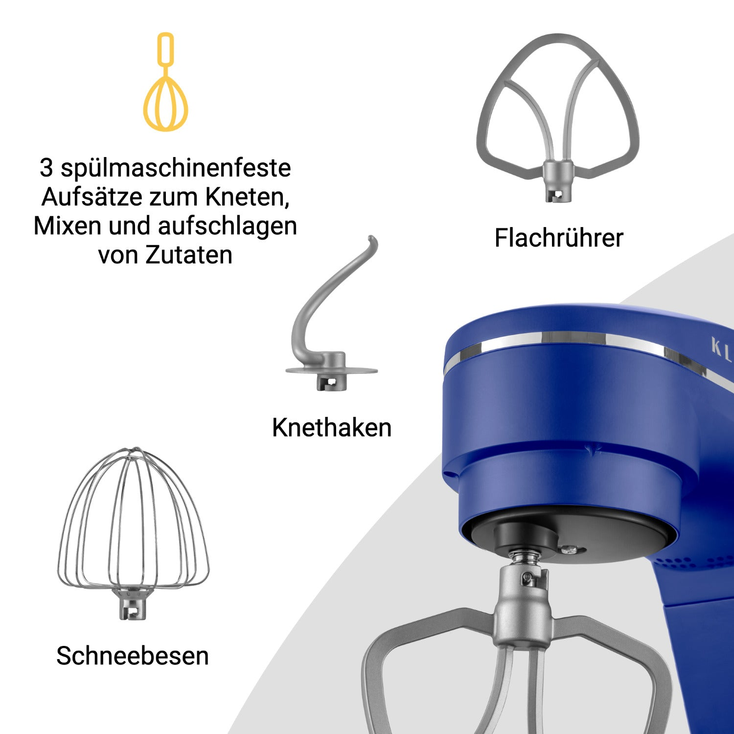 Blauer Küchenmixer mit Aufsätzen: Schneebesen, Flachrührer, Knethaken. Text: 3 spülmaschinenfeste Aufsätze.
