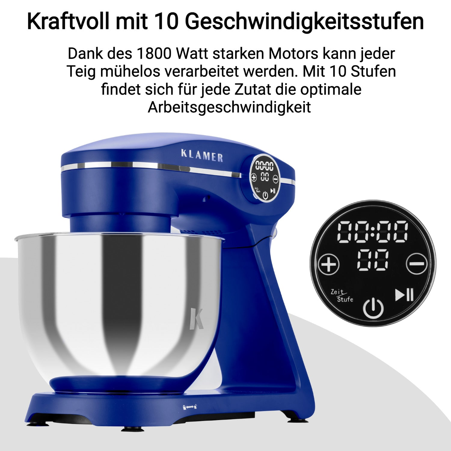 Blauer Küchenmixer mit Digitalanzeige, Chromschüssel und Text auf Deutsch.