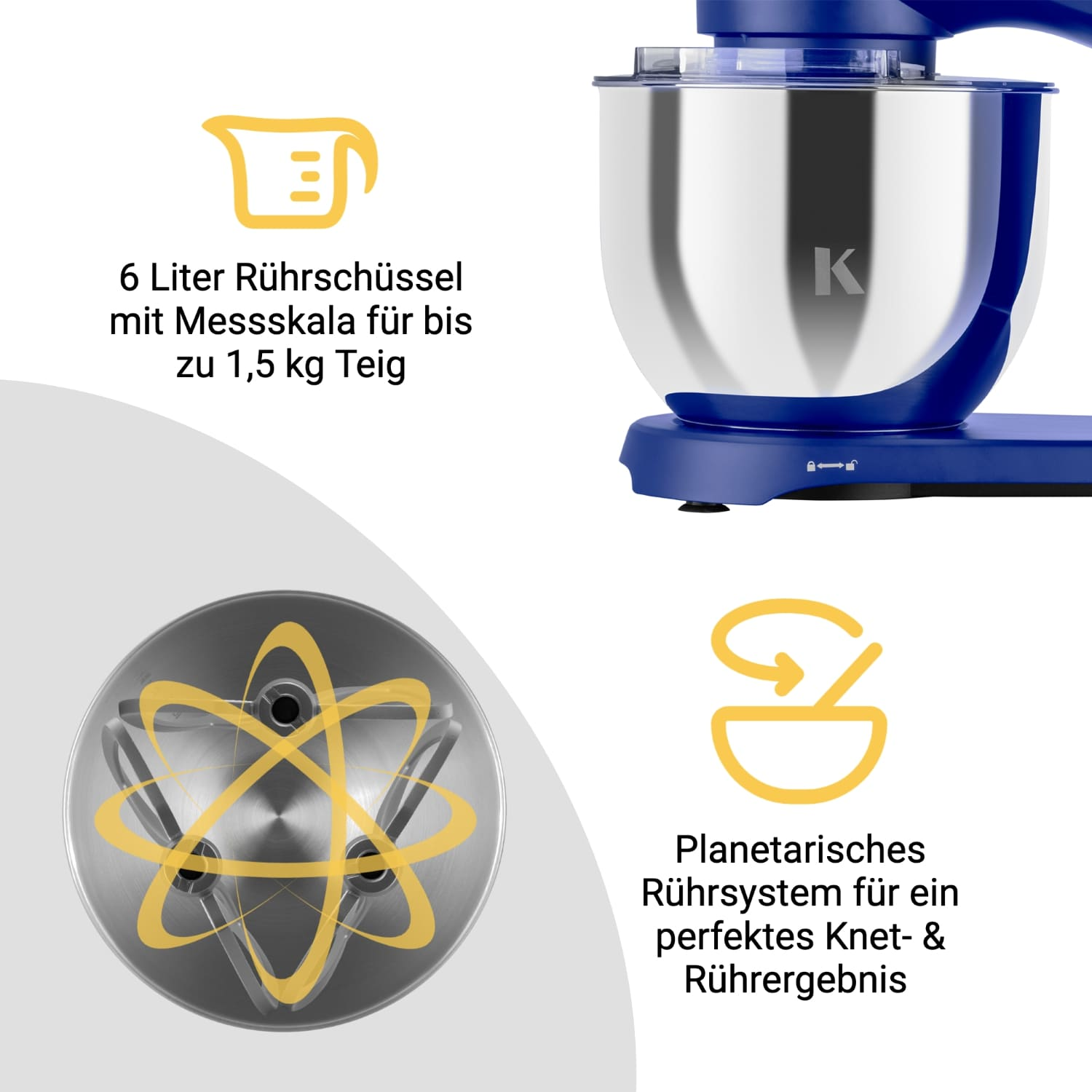 Blau-silberner Küchenmixer. Text beschreibt Schüsselkapazität und Planetenrührwerk.