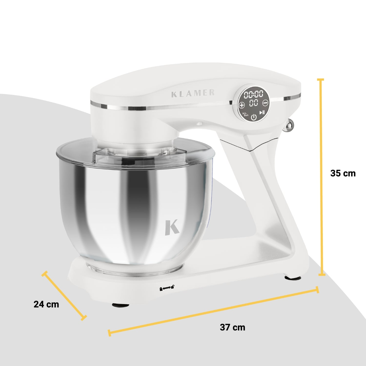 Ein weißer Küchen-Standmixer mit Abmessungen und dem Markennamen 'KLAMER'.