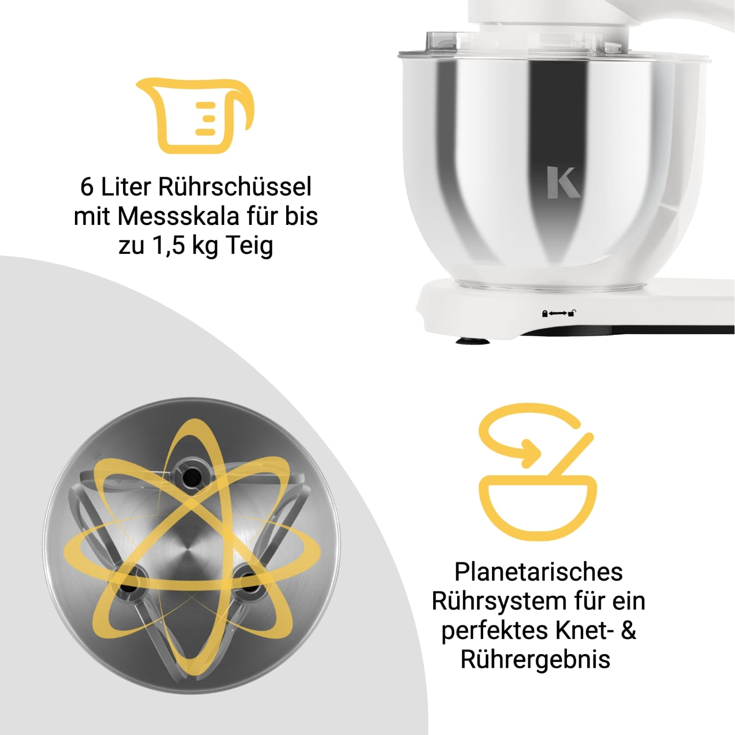Nahaufnahme eines blauen Küchenmixers mit Text über die Schüsselgröße und das Planetenrührsystem.
