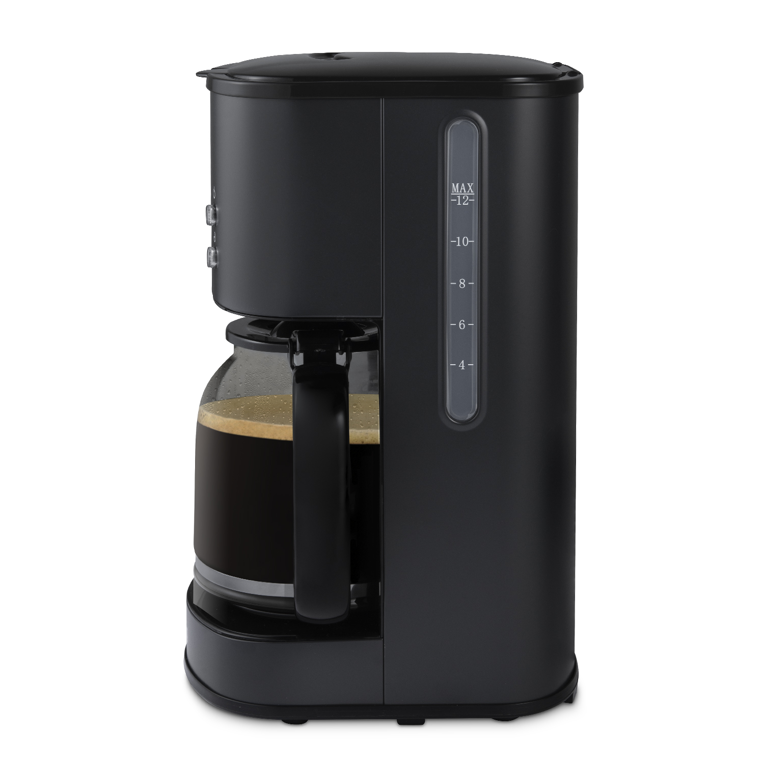 Een zwarte koffiezetter met een glazen kan vol koffie, met een waterniveau-indicator.
