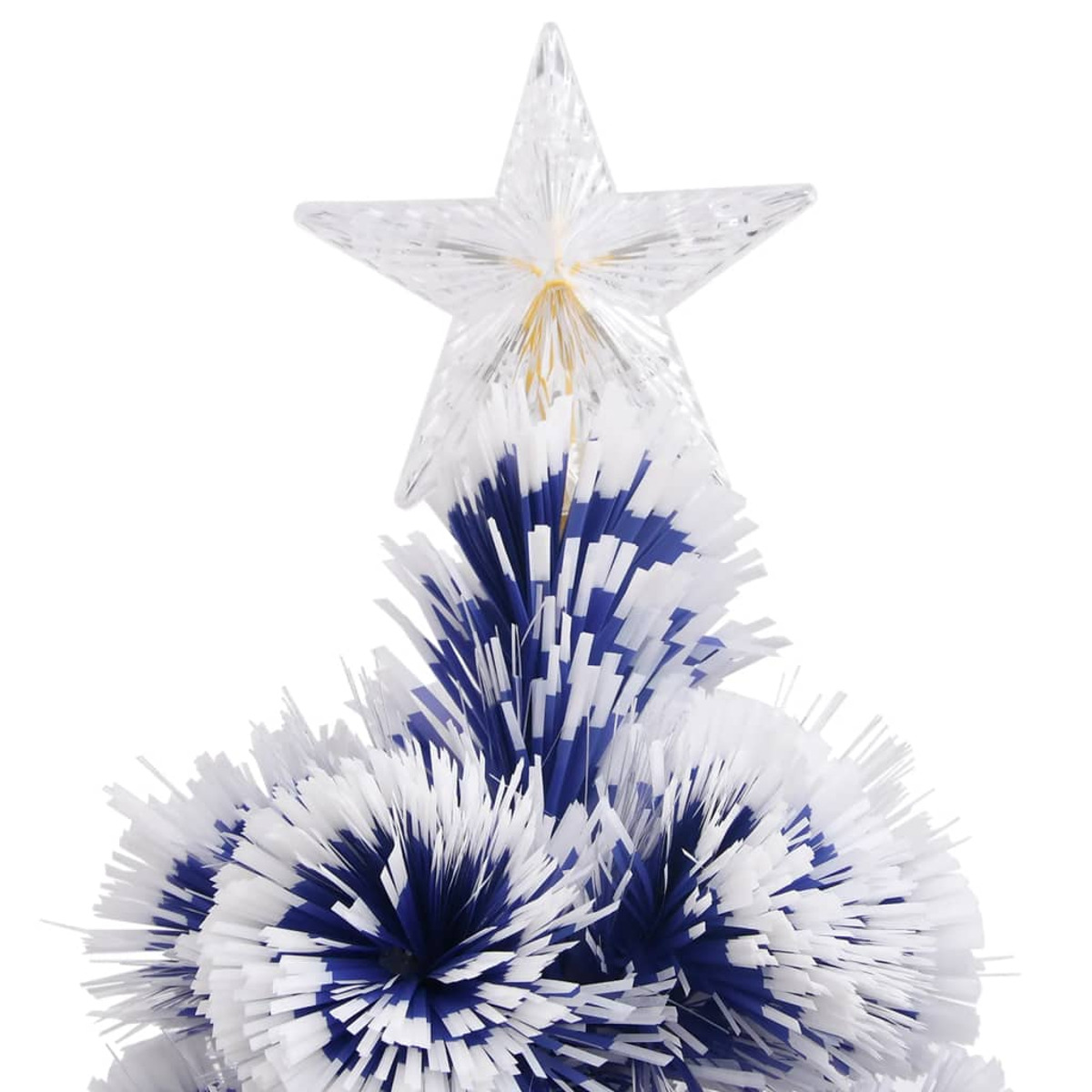 Weihnachtsbaumspitze mit Stern auf weißem Hintergrund. Der Baum ist blau und weiß.