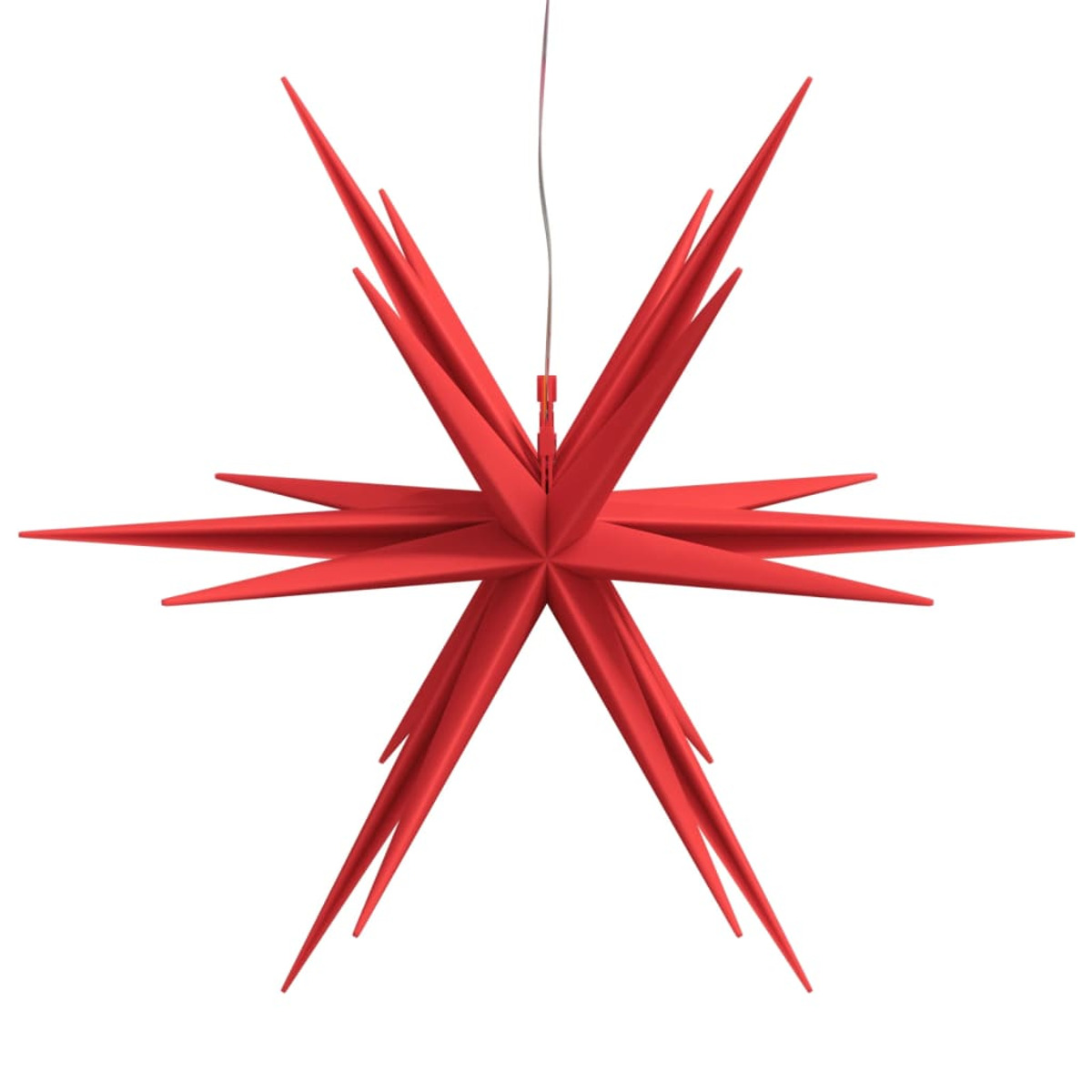 Roter sternförmiger Weihnachtsschmuck, isoliert vor weißem Hintergrund.