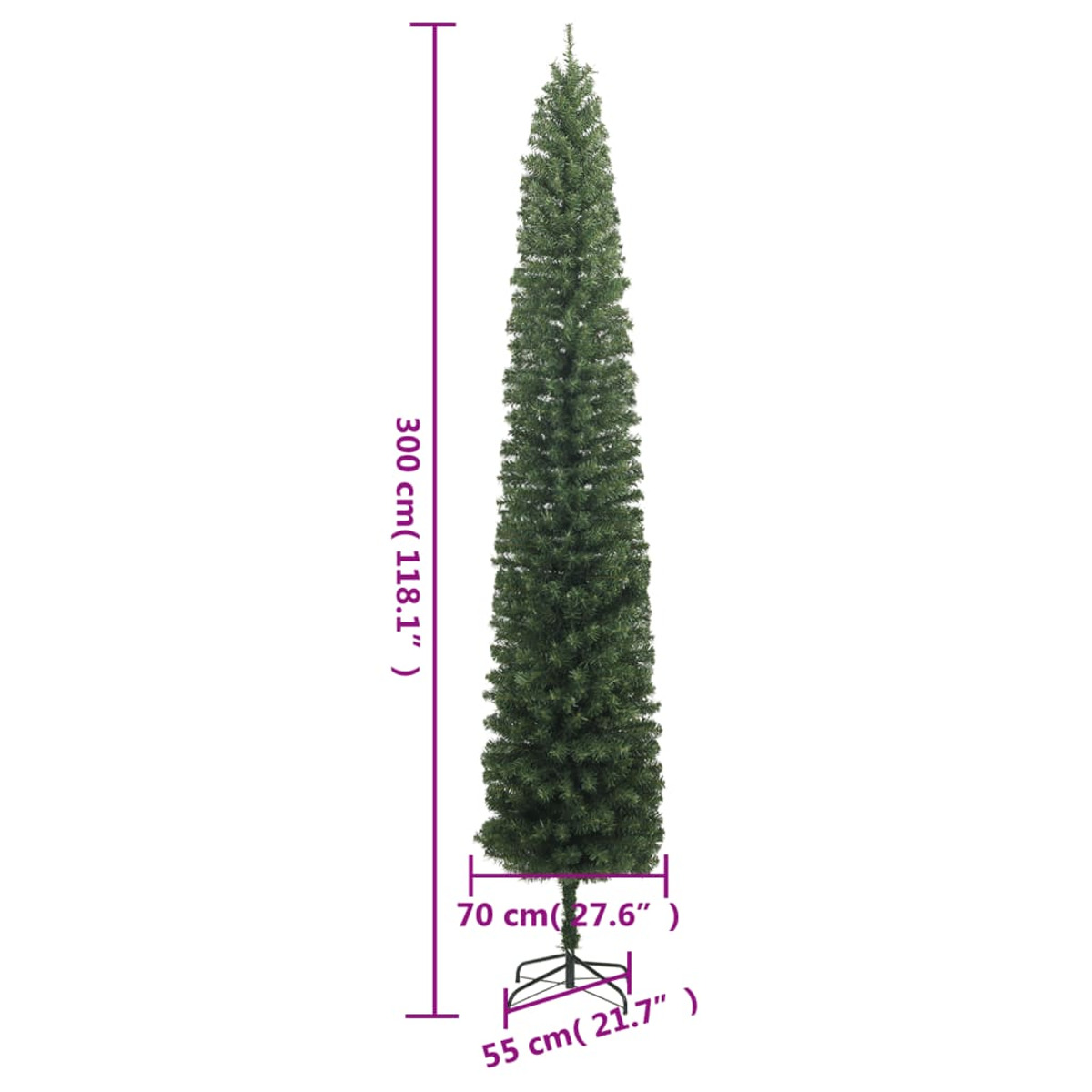 Hoher, grüner Weihnachtsbaum mit markierten Abmessungen, vor weißem Hintergrund zur Größenreferenz.