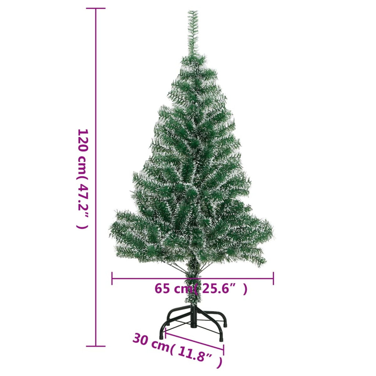 Ein grüner Weihnachtsbaum mit Maßen. Der Baum ist 120 cm hoch, 65 cm breit und 30 cm an der Basis.
