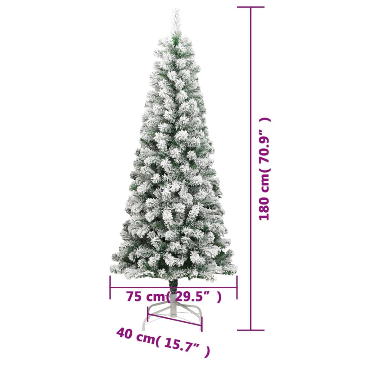 Künstlicher Weihnachtsbaum, Maße: 180 cm hoch, 75 cm breite Basis, 40 cm tief.