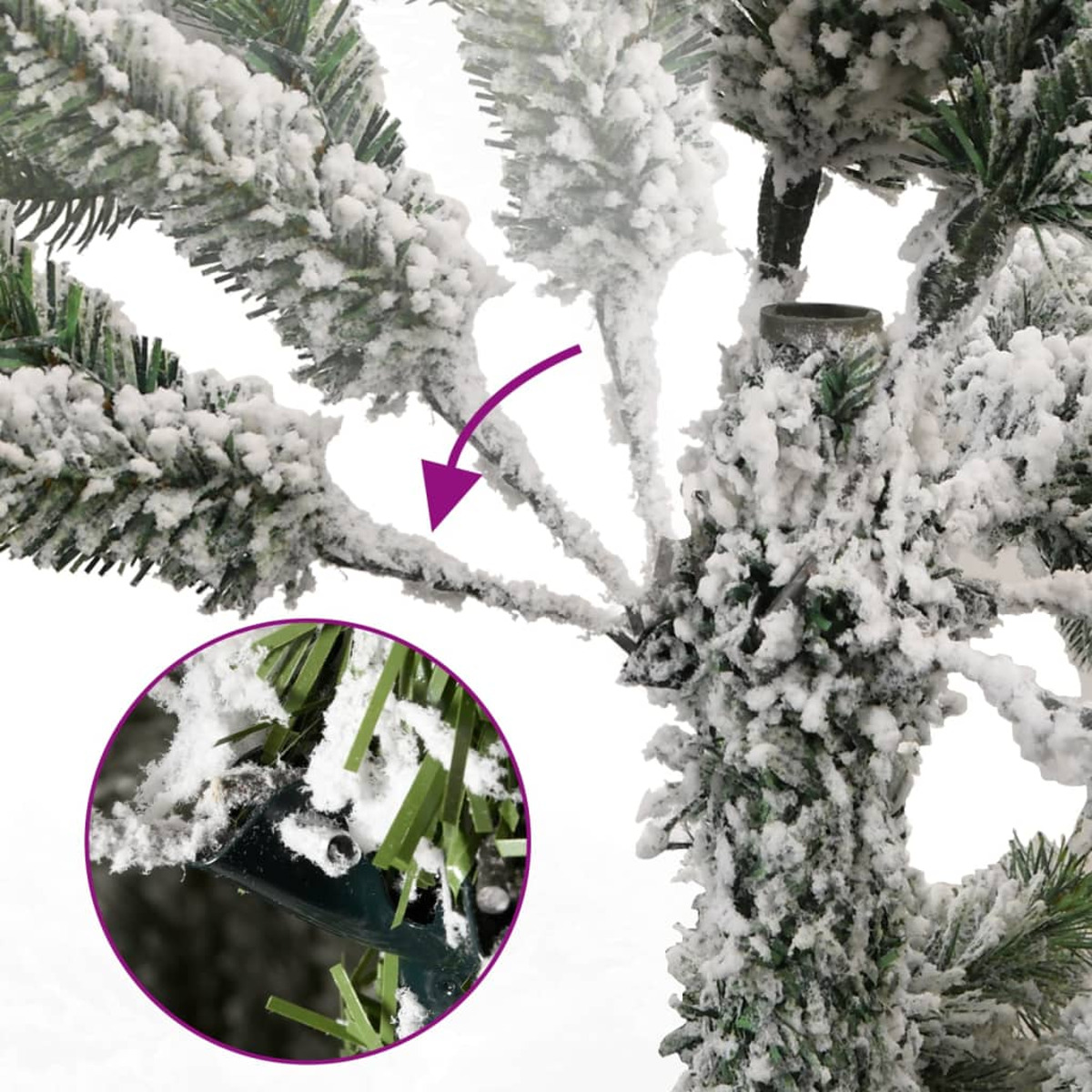 Nahaufnahme eines verschneiten Weihnachtsbaumzweigs mit kreisförmigem Einsatz von Nadeln.