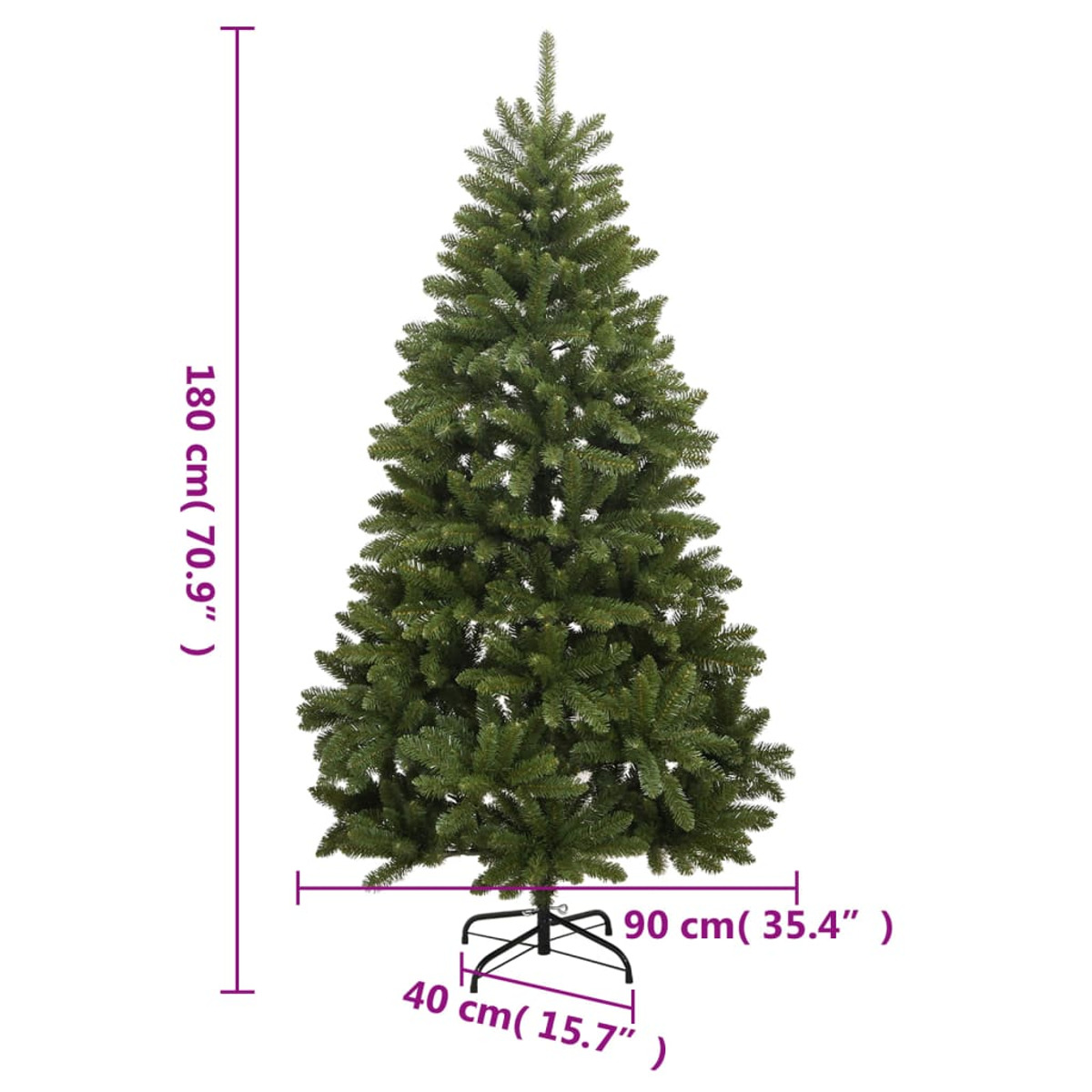 Ein grüner künstlicher Weihnachtsbaum mit beschrifteten Abmessungen auf weißem Hintergrund.