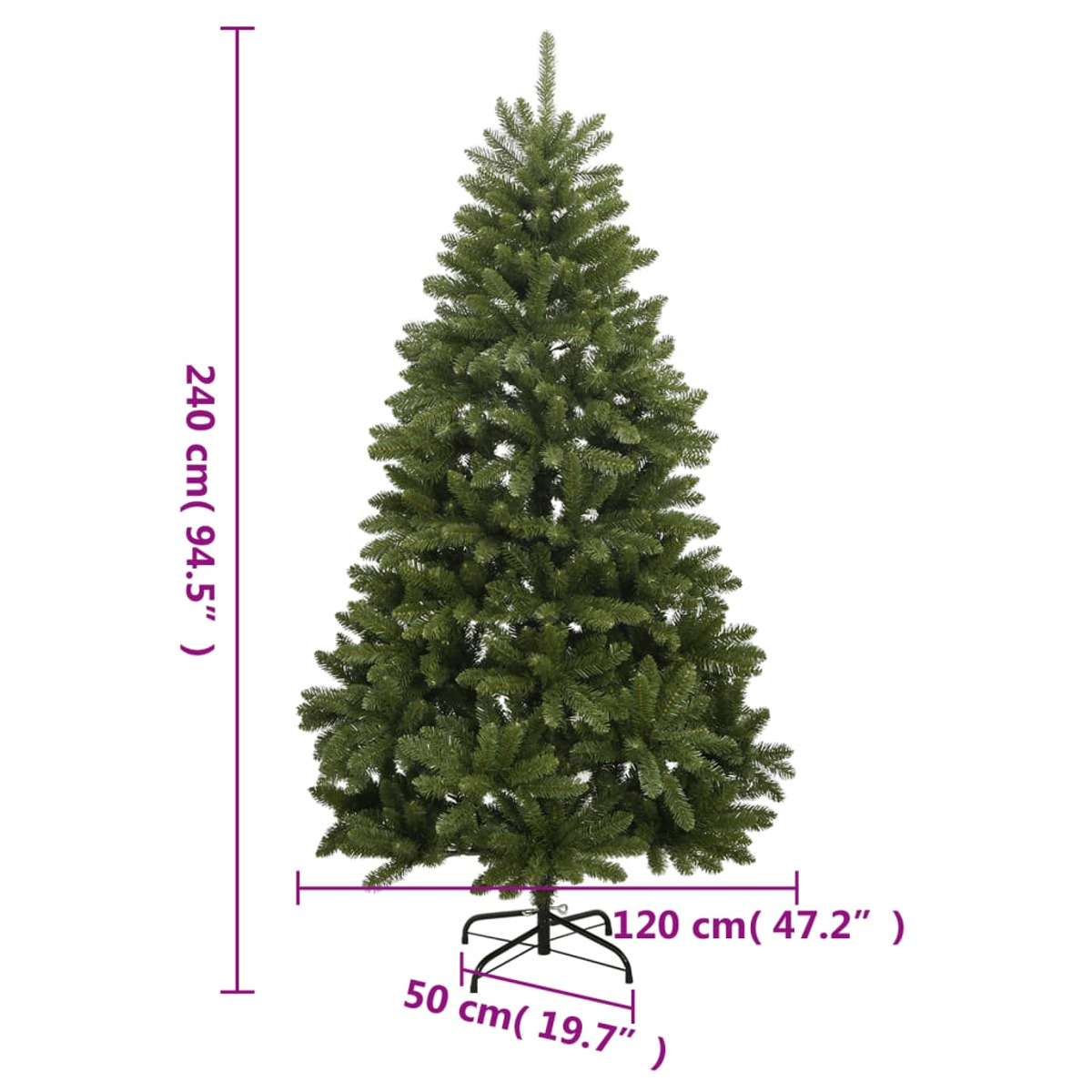 Grüner Weihnachtsbaum mit Beschriftung der Abmessungen, auf weißem Hintergrund.