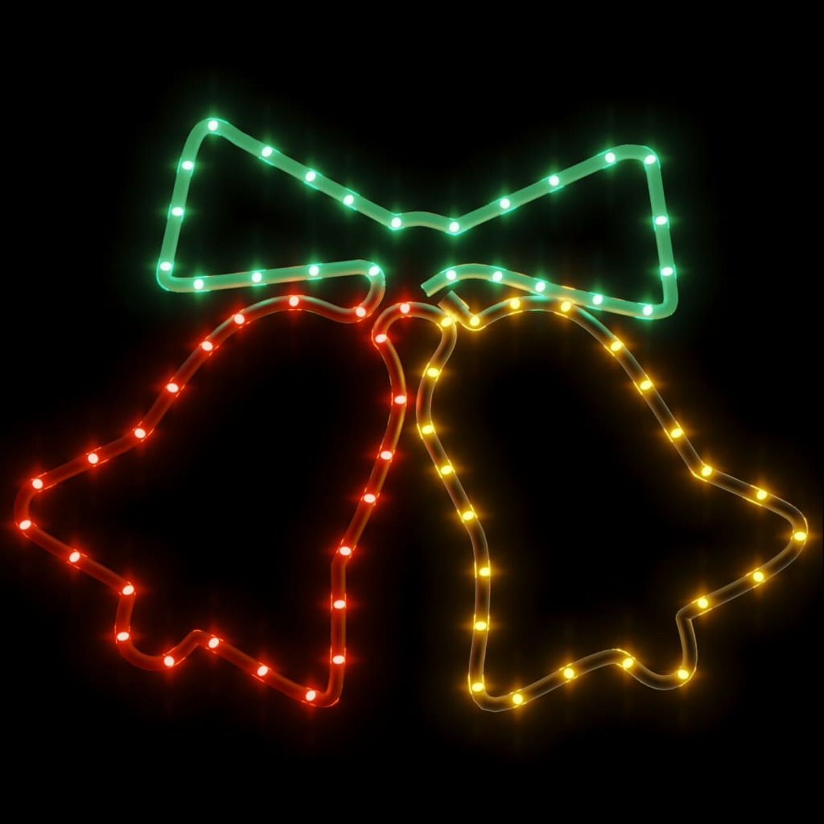 Weihnachtsbeleuchtung in Form von Glocken und einer Schleife, rot und grün, vor schwarzem Hintergrund.