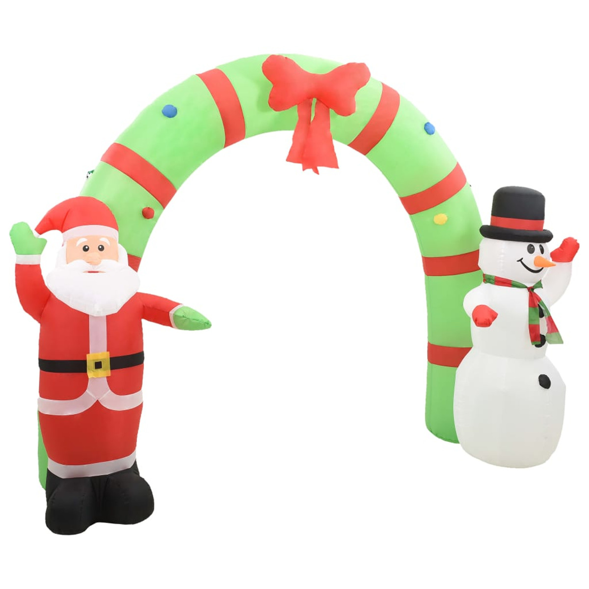 Aufblasbarer Weihnachtsmann, Schneemann und Torbogen, alles in Grün- und Rot-Farbschema, auf weißem Grund.