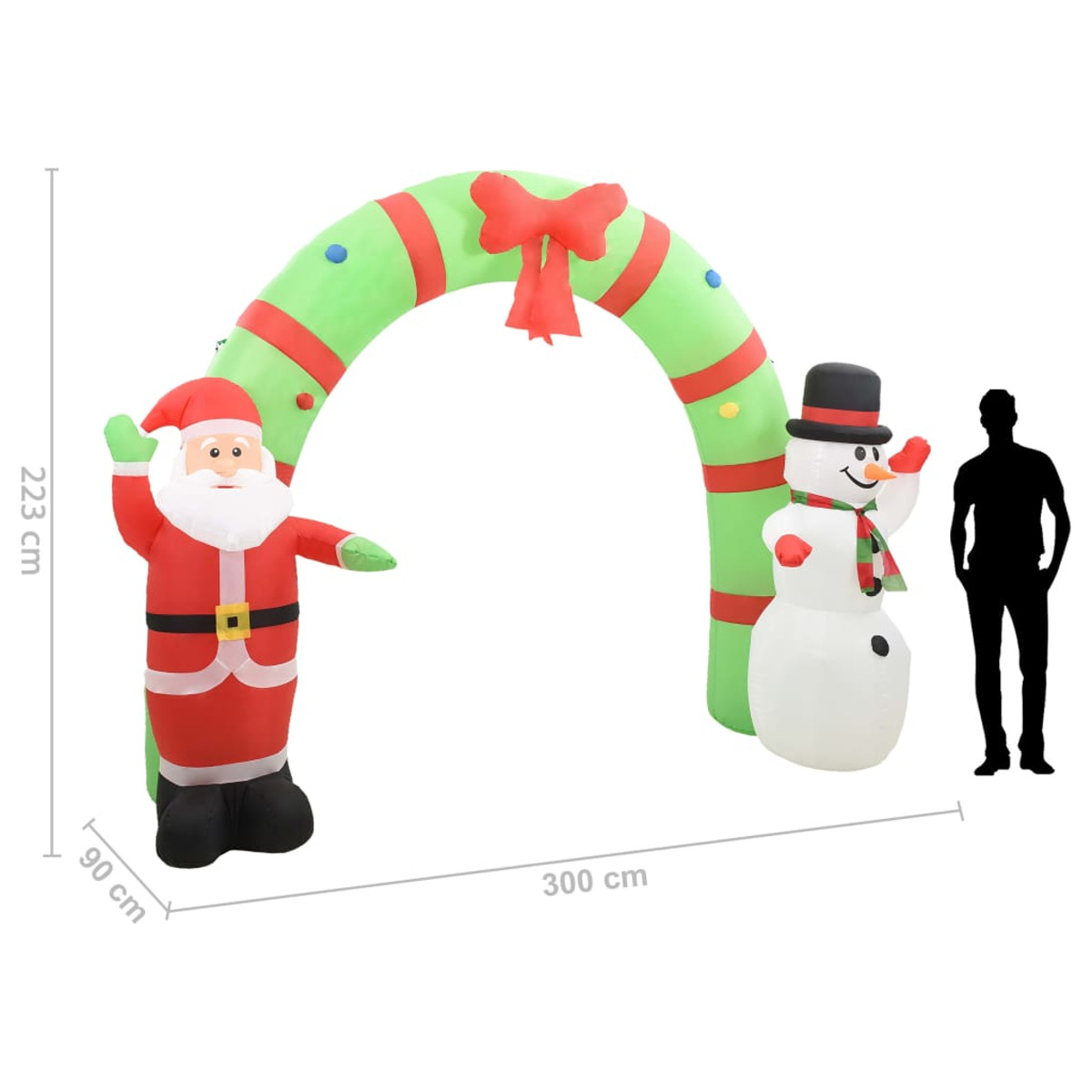Aufblasbarer Santa- und Schneemann-Torweg mit Abmessungen. Person Silhouette.